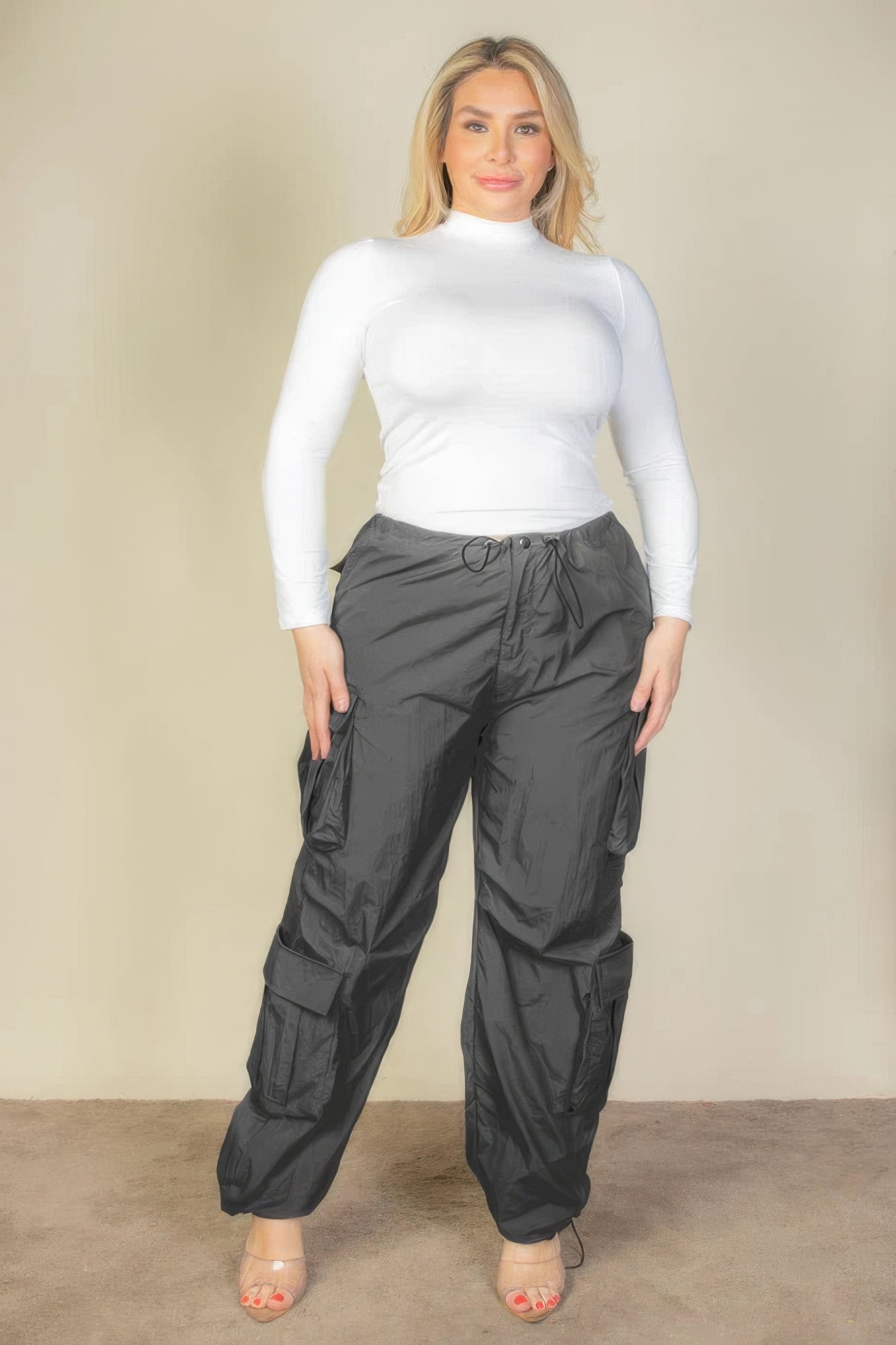 Plus Size Flap Pockets Drawstring Ruched Parachute Pants - Nova Store