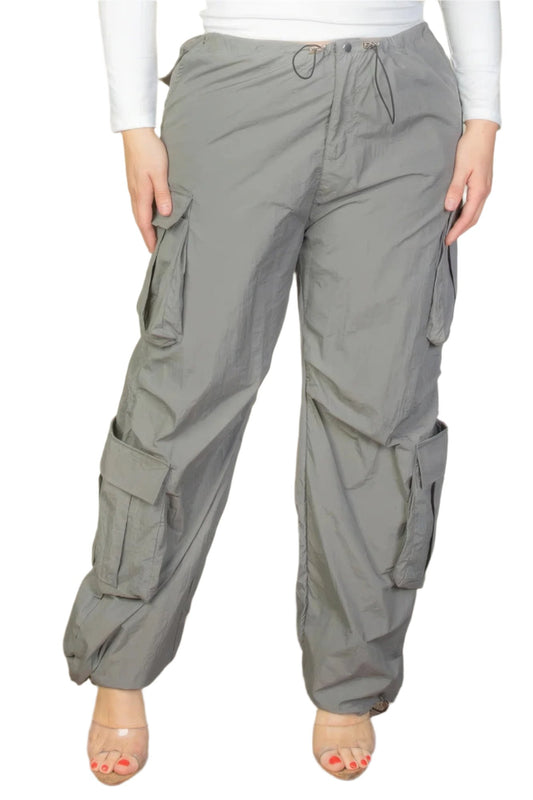 Plus Size Flap Pockets Drawstring Ruched Parachute Pants