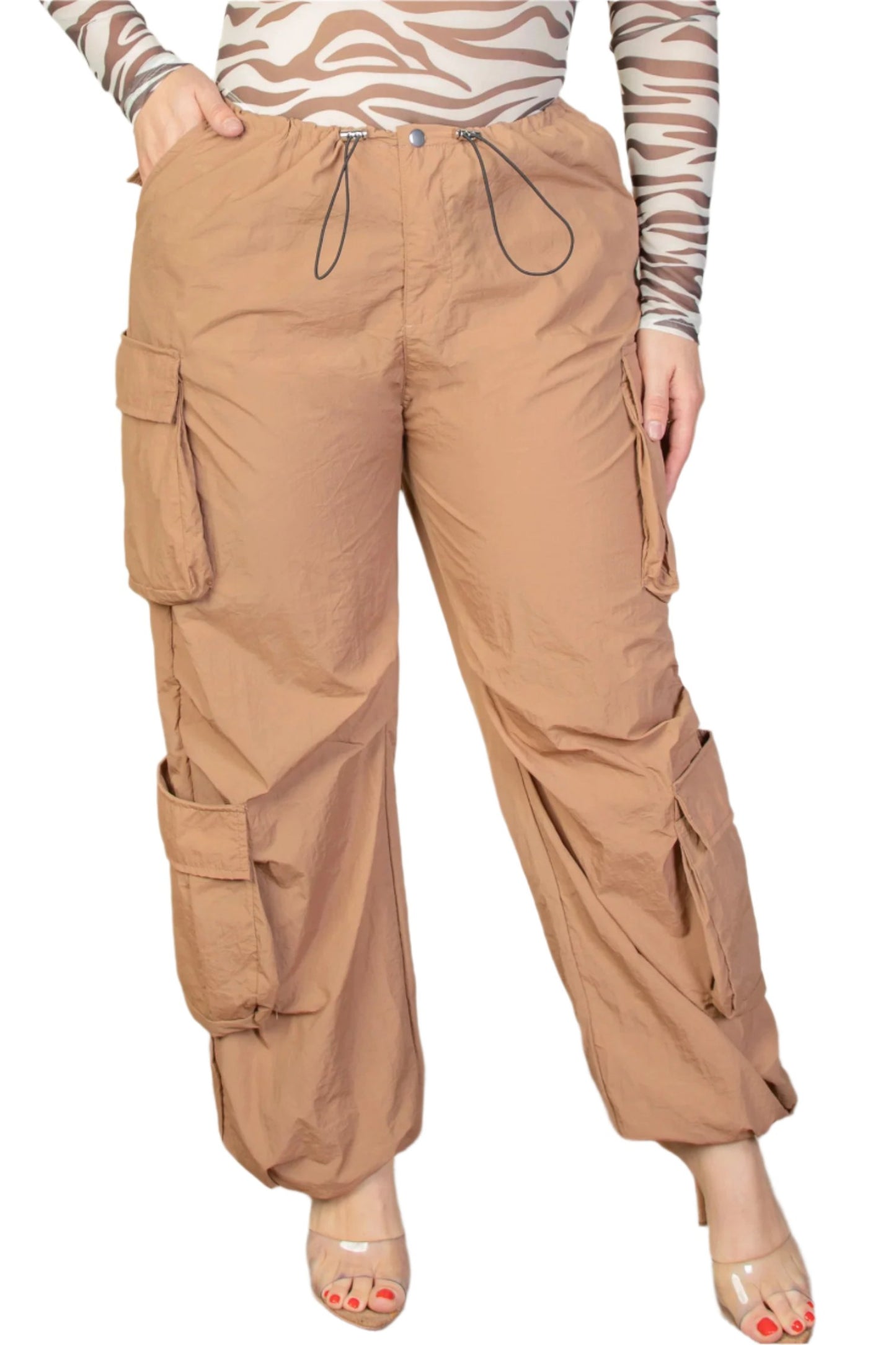 Plus Size Flap Pockets Drawstring Ruched Parachute Pants