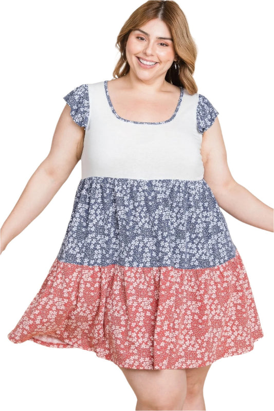 Plus Size Floral Color Block Contrast Tiered Babydoll Dress