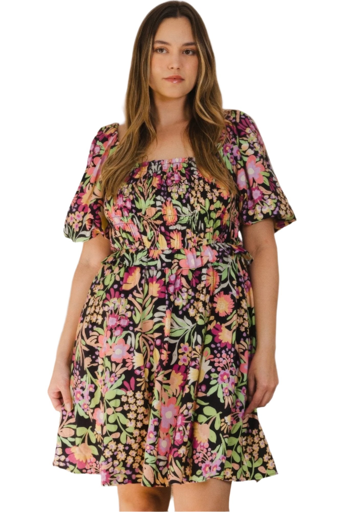 Plus Floral Printed Center Tie-back Mini Dress - Nova Store