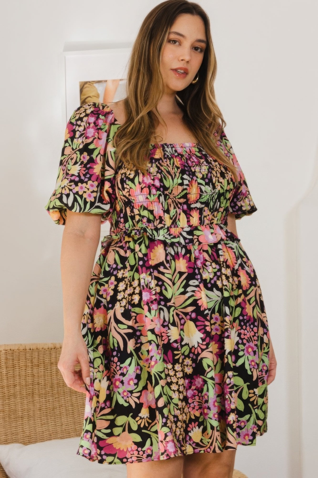Plus Floral Printed Center Tie-back Mini Dress - Nova Store