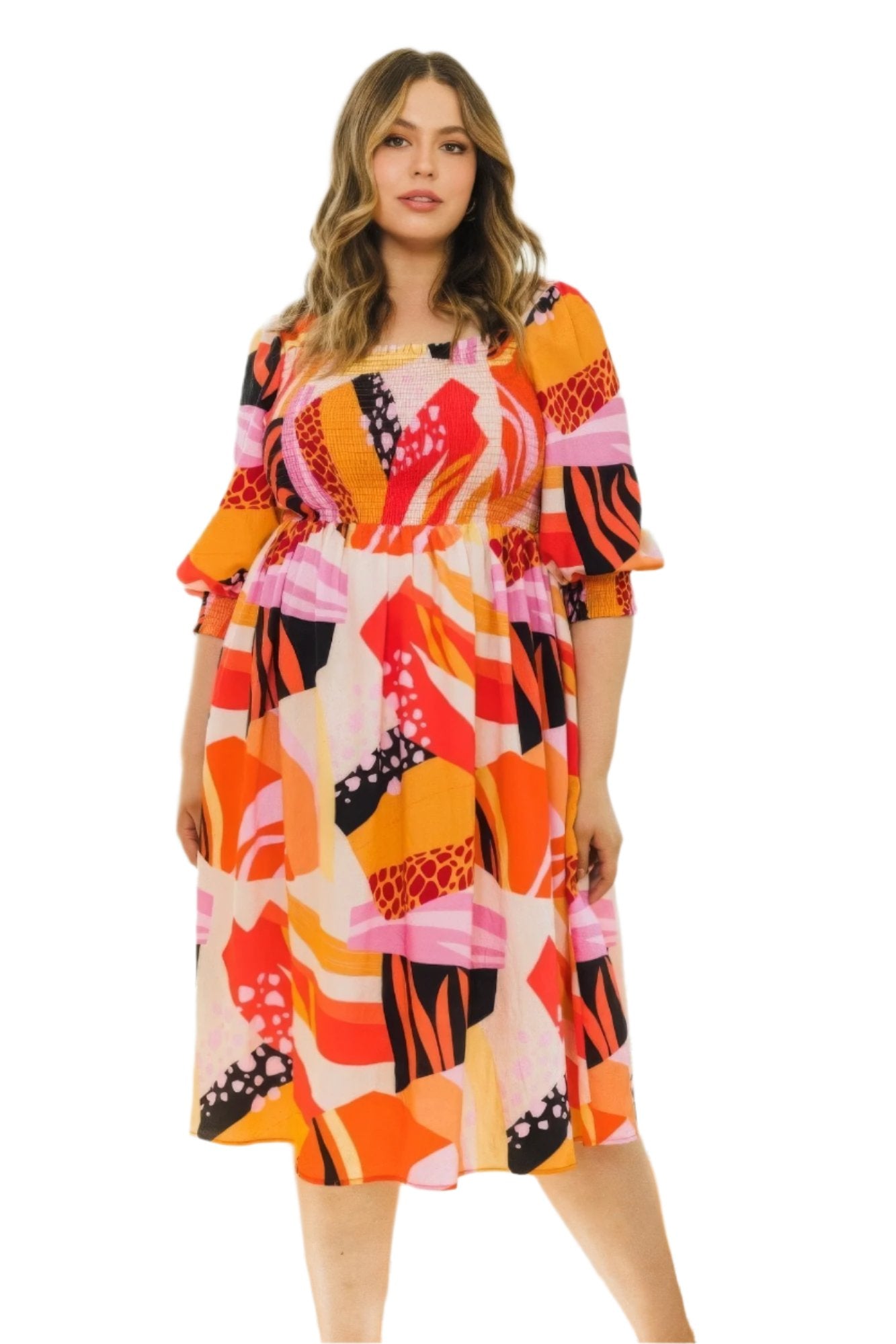 Plus Floral Print Square Neckline Midi Dress - Nova Store