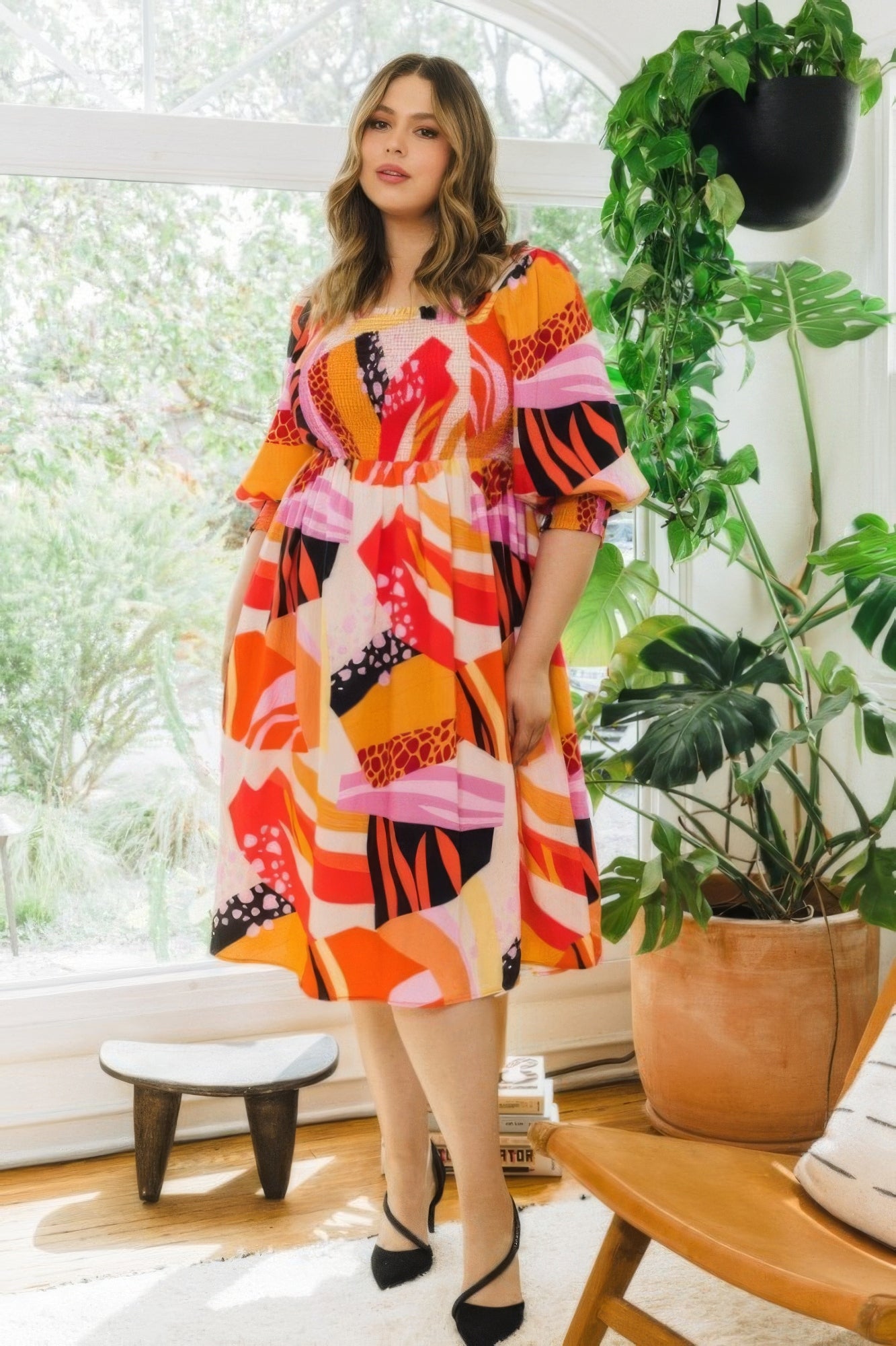 Plus Floral Print Square Neckline Midi Dress - Nova Store