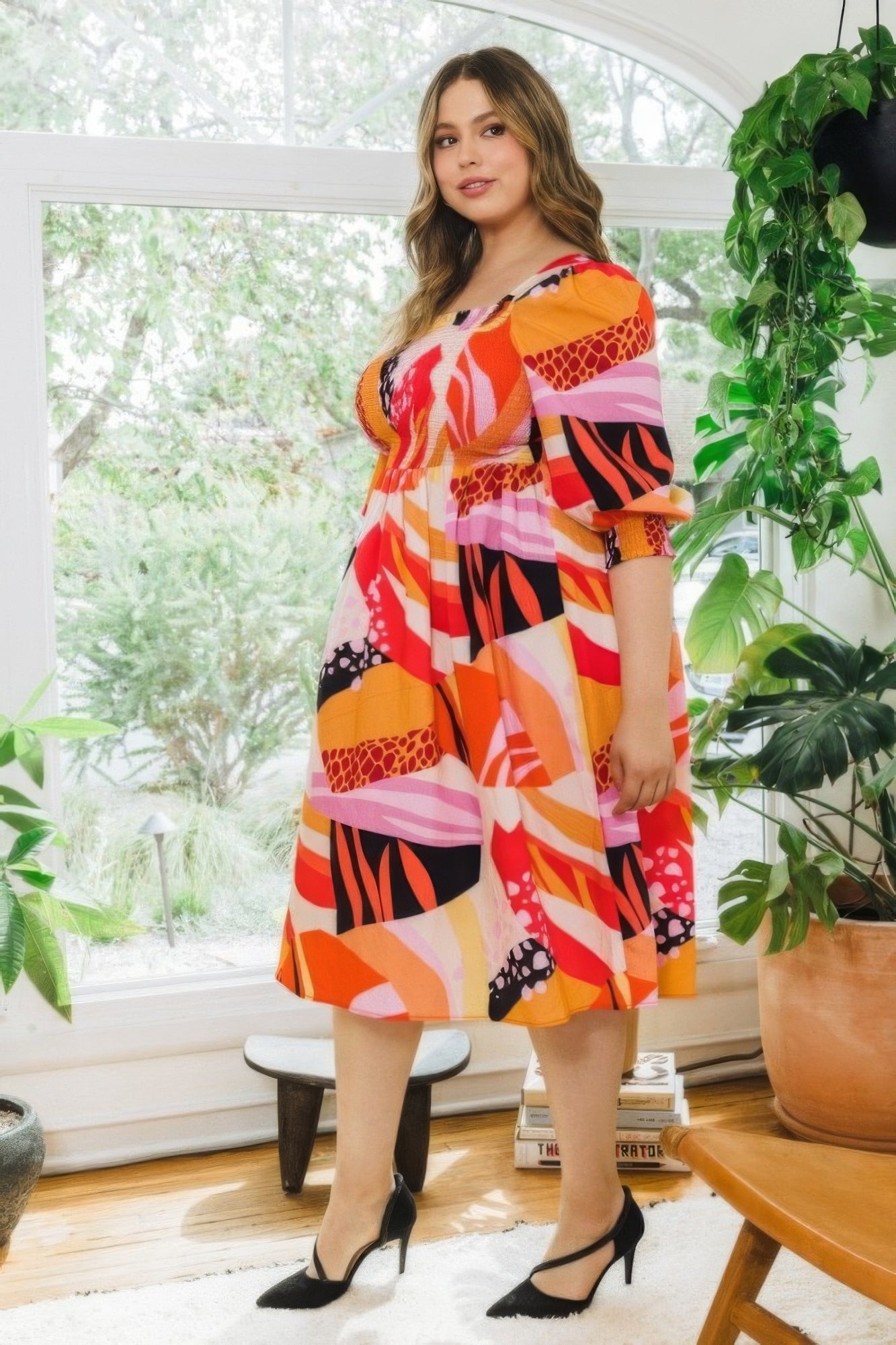 Plus Floral Print Square Neckline Midi Dress - Nova Store