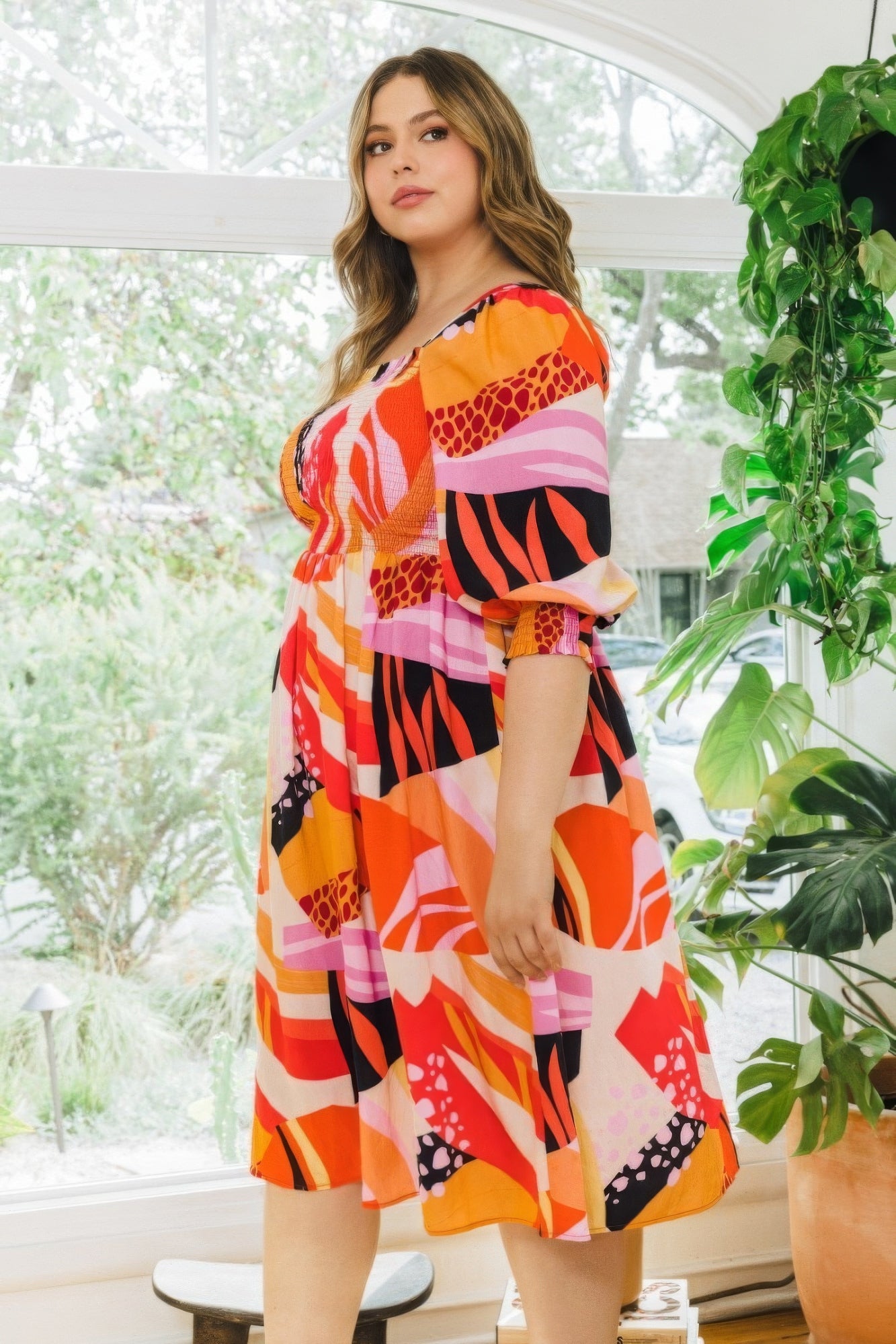 Plus Floral Print Square Neckline Midi Dress - Nova Store