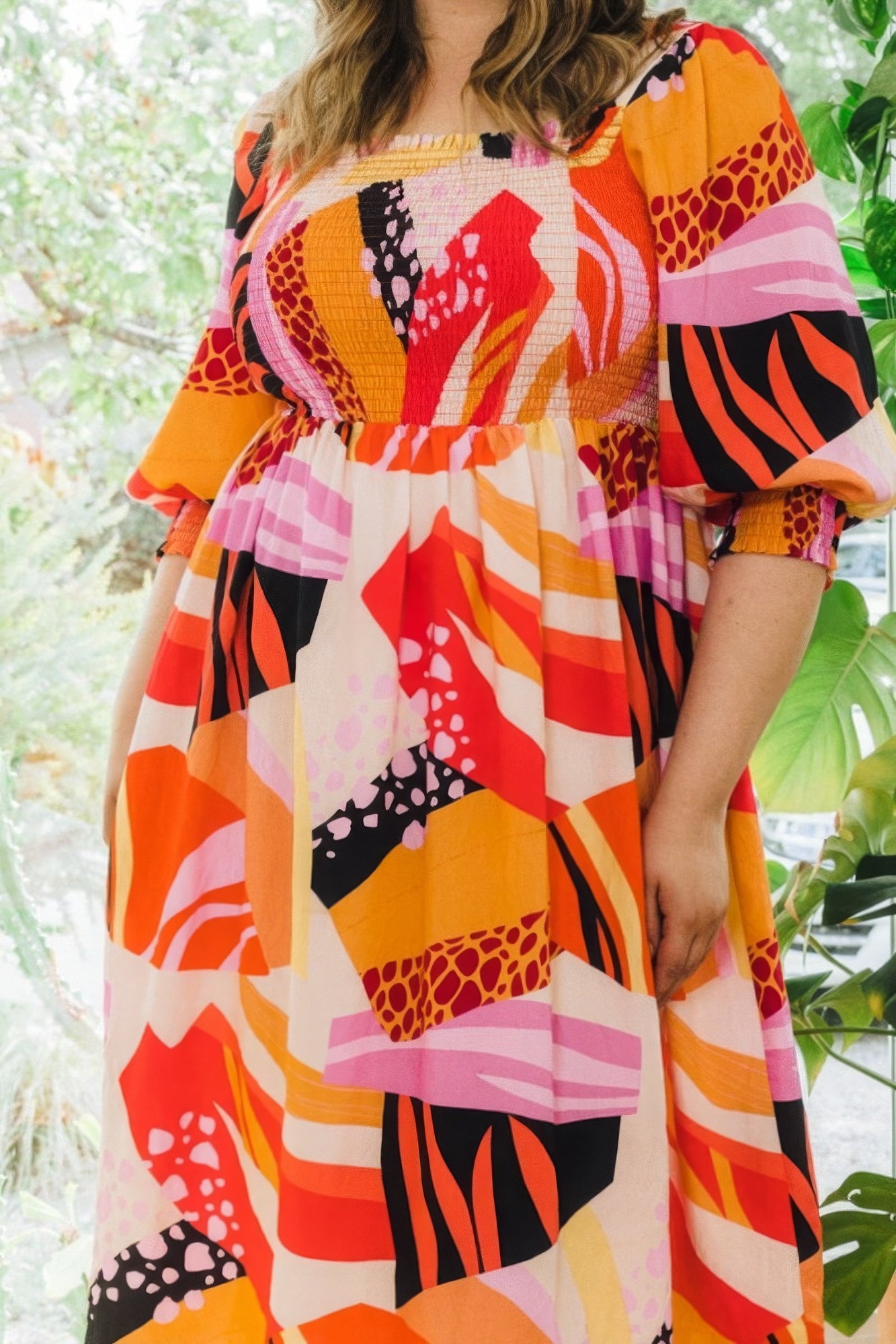 Plus Floral Print Square Neckline Midi Dress - Nova Store