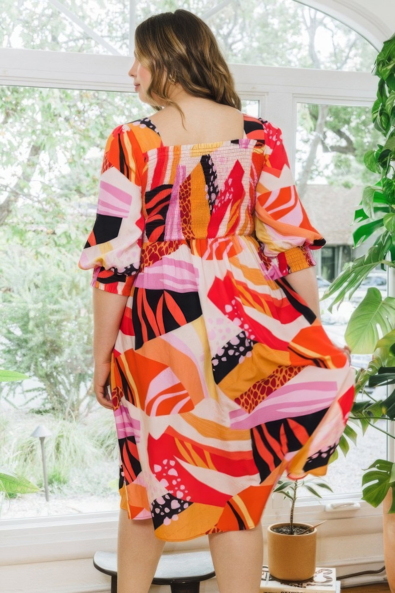 Plus Floral Print Square Neckline Midi Dress - Nova Store