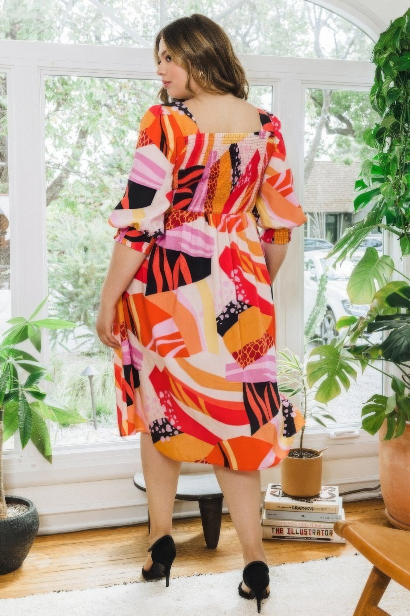 Plus Floral Print Square Neckline Midi Dress - Nova Store