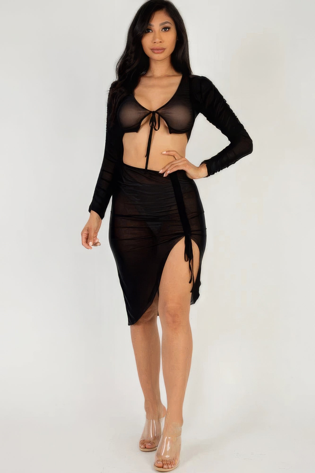 Sexy Sheer Mesh Drawstring Ruched Skirt - Nova Store