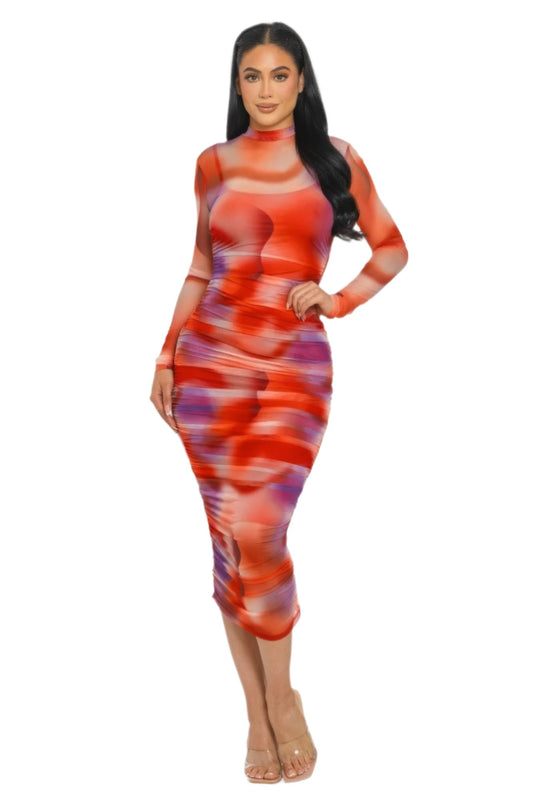 Summer Heat Print Mesh Ruched Midi Dress