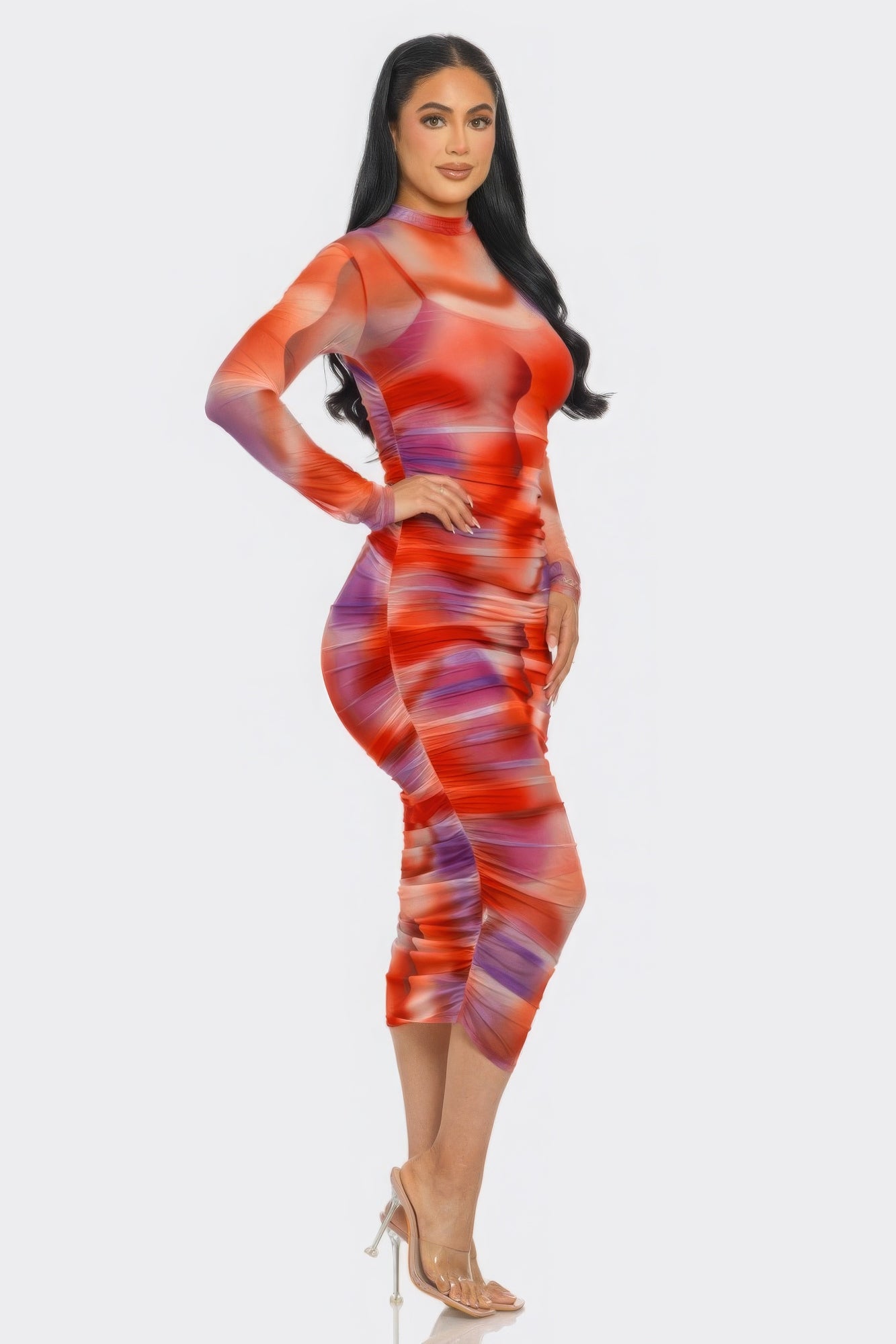 Summer Heat Print Mesh Ruched Midi Dress - Nova Store