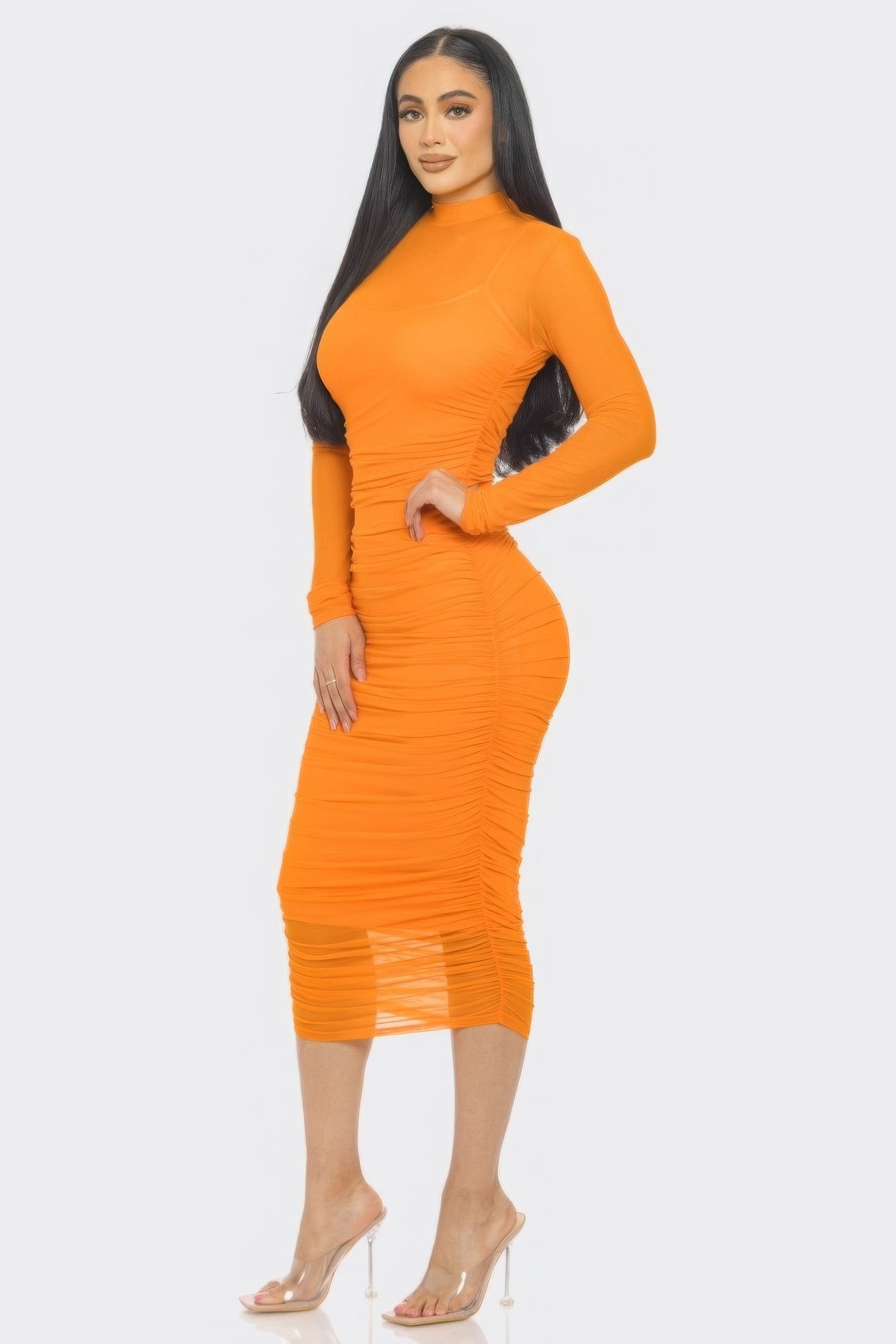Solid Mesh Ruched Midi Dress - Nova Store