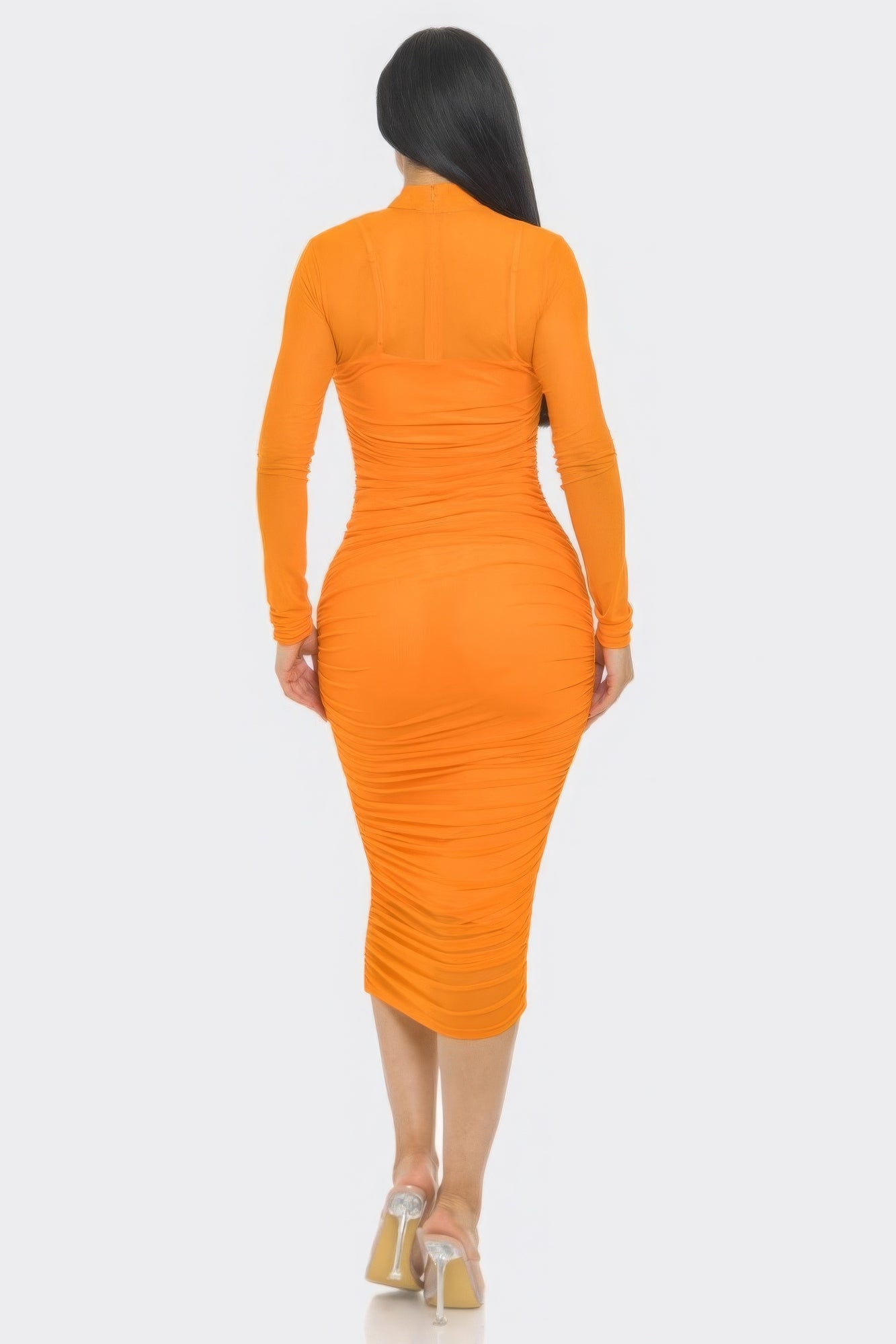 Solid Mesh Ruched Midi Dress - Nova Store