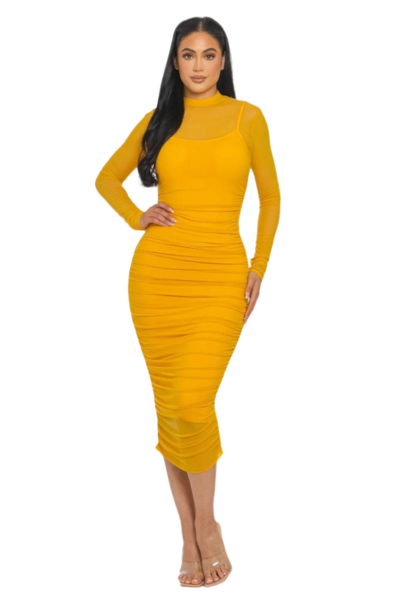 Solid Mesh Ruched Midi Dress