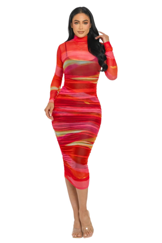 Red Printed Mesh Dress | Red Mesh Dress | Nova Store