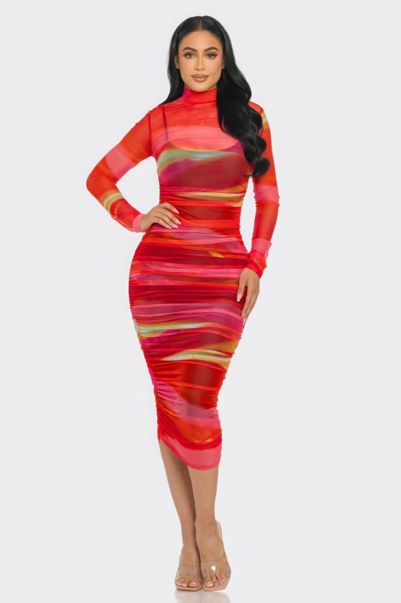 Red Printed Mesh Dress | Red Mesh Dress | Nova Store