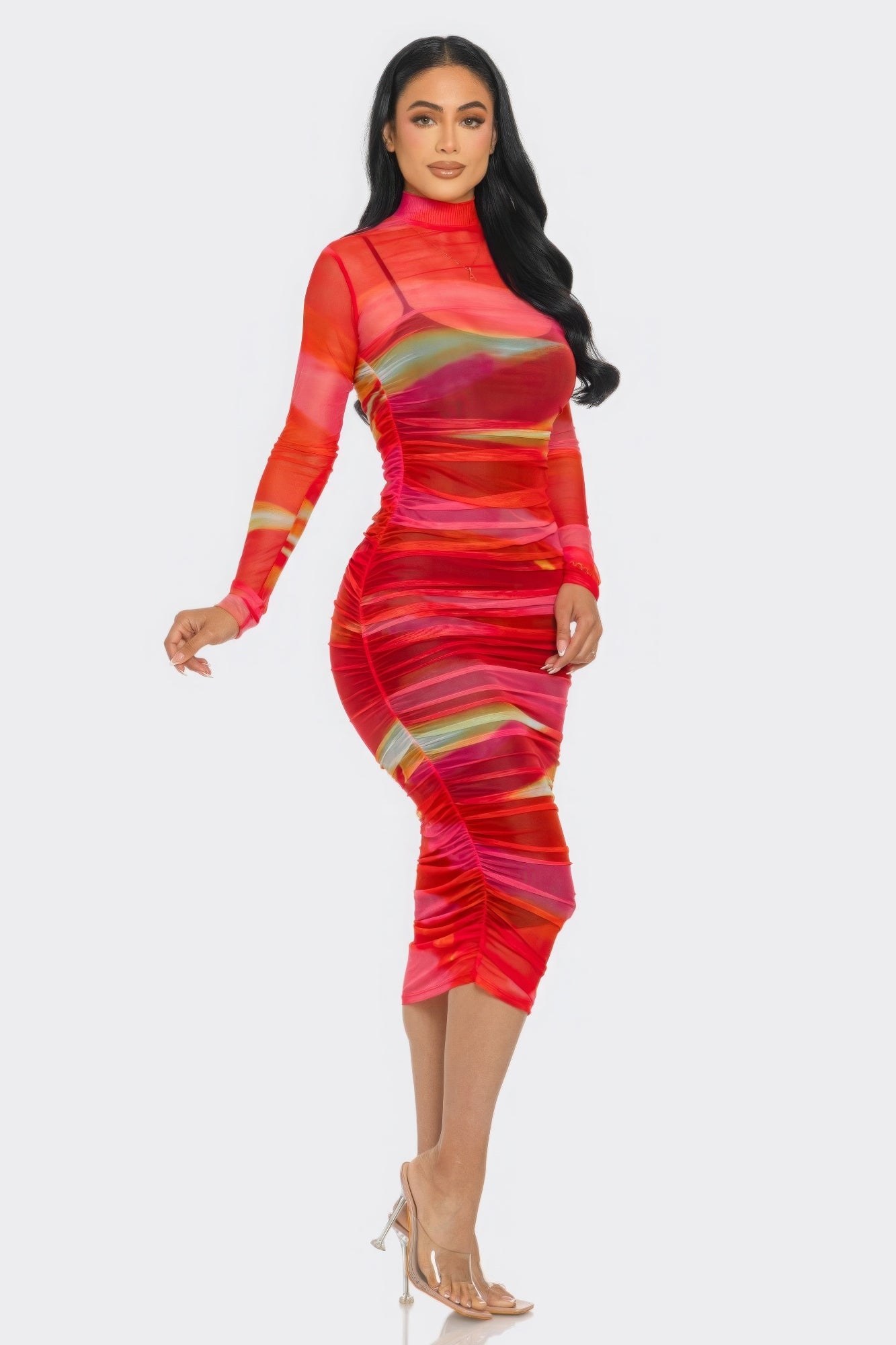 Red Printed Mesh Dress | Red Mesh Dress | Nova Store