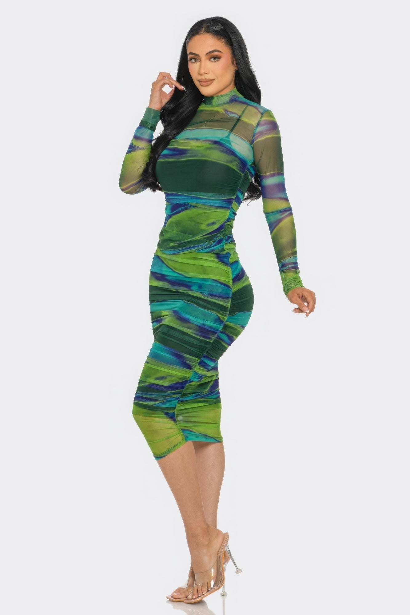 Mesh Ruched Midi Dress | Printed Mesh Dress | Nova Store