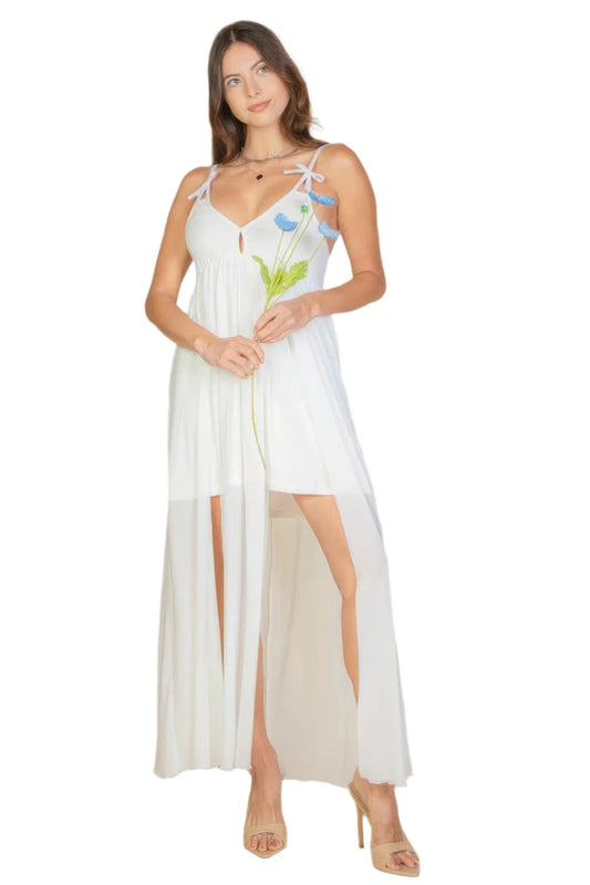 Plunge Neck Split Thigh Mesh Maxi Dress