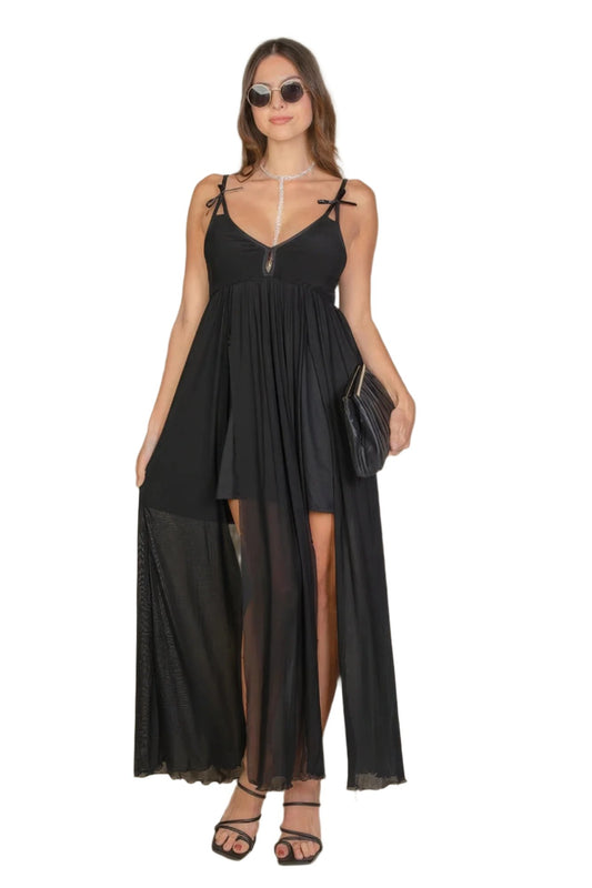 Plunge Neck Split Thigh Mesh Maxi Dress