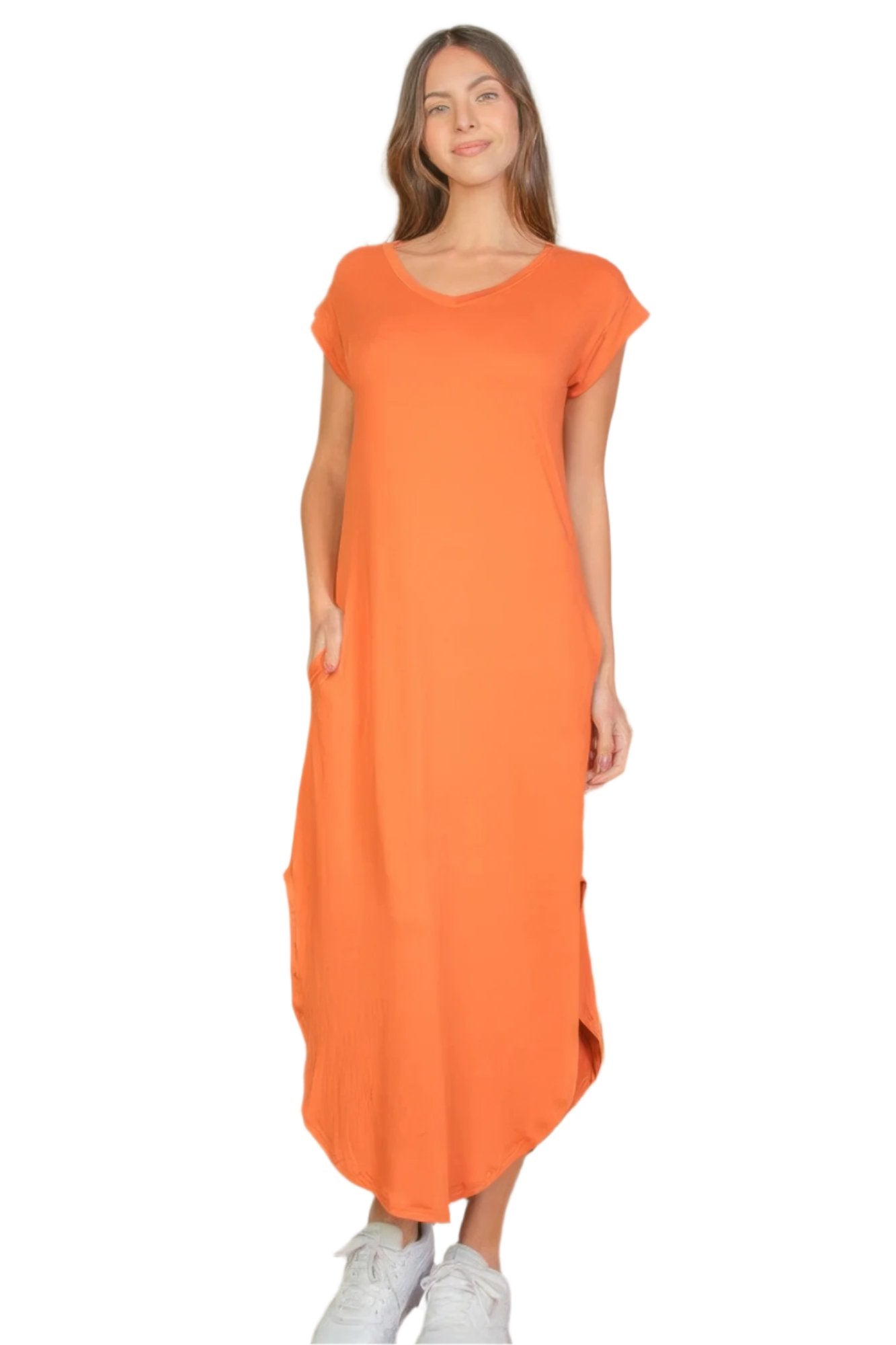 Orange V Neck Long Dress | Orange V Neck Dress | Nova Store