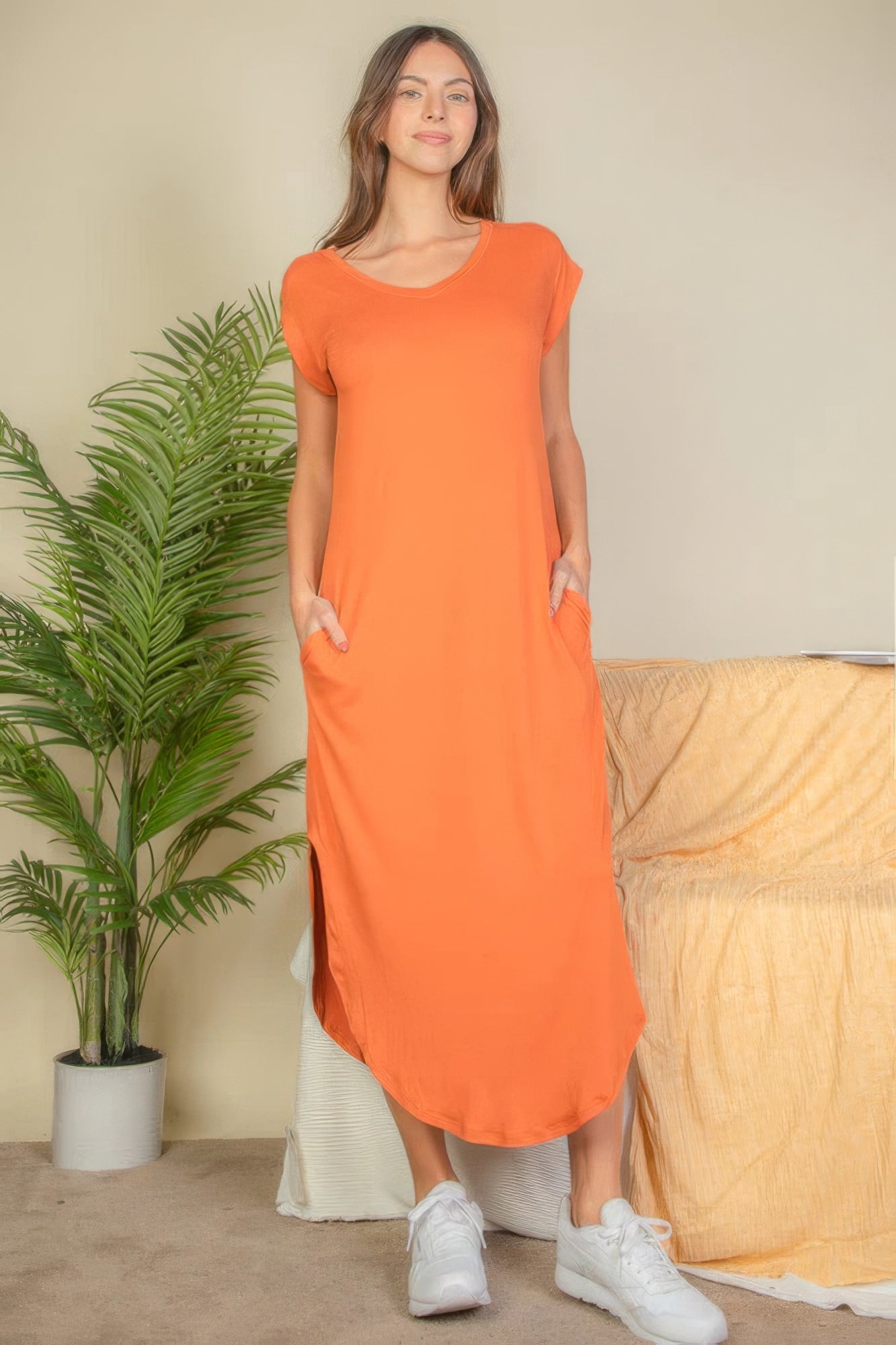 Orange V Neck Long Dress | Orange V Neck Dress | Nova Store