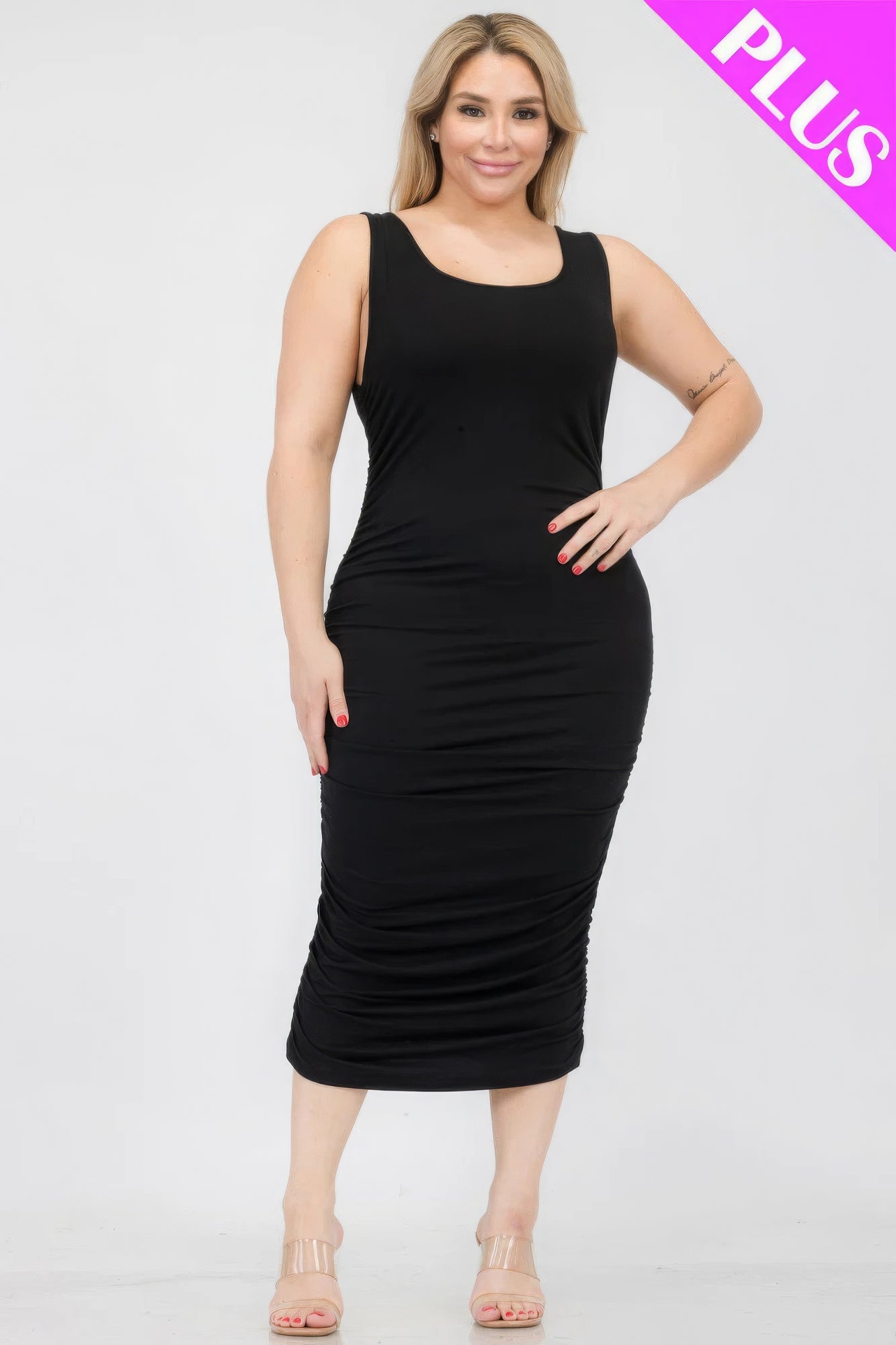 Plus Size Square Neck Ruched Bodycon Midi Dress - Nova Store