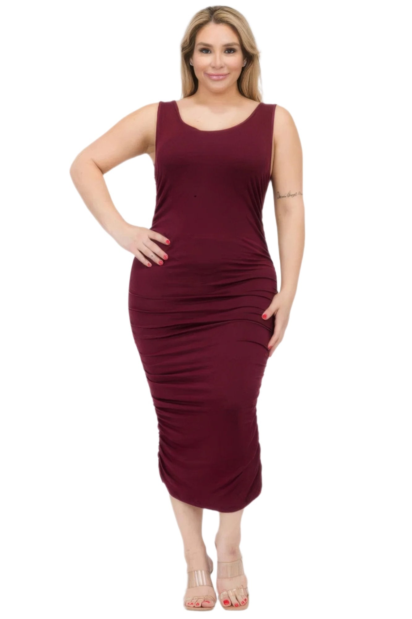 Plus Size Square Neck Ruched Bodycon Midi Dress