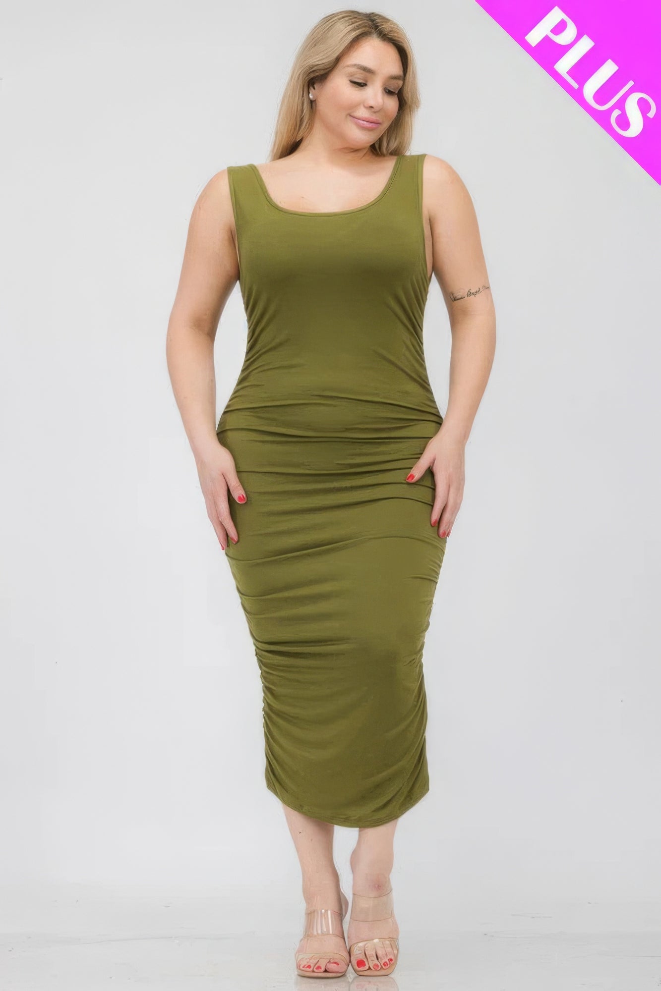 Plus Size Square Neck Ruched Bodycon Midi Dress - Nova Store