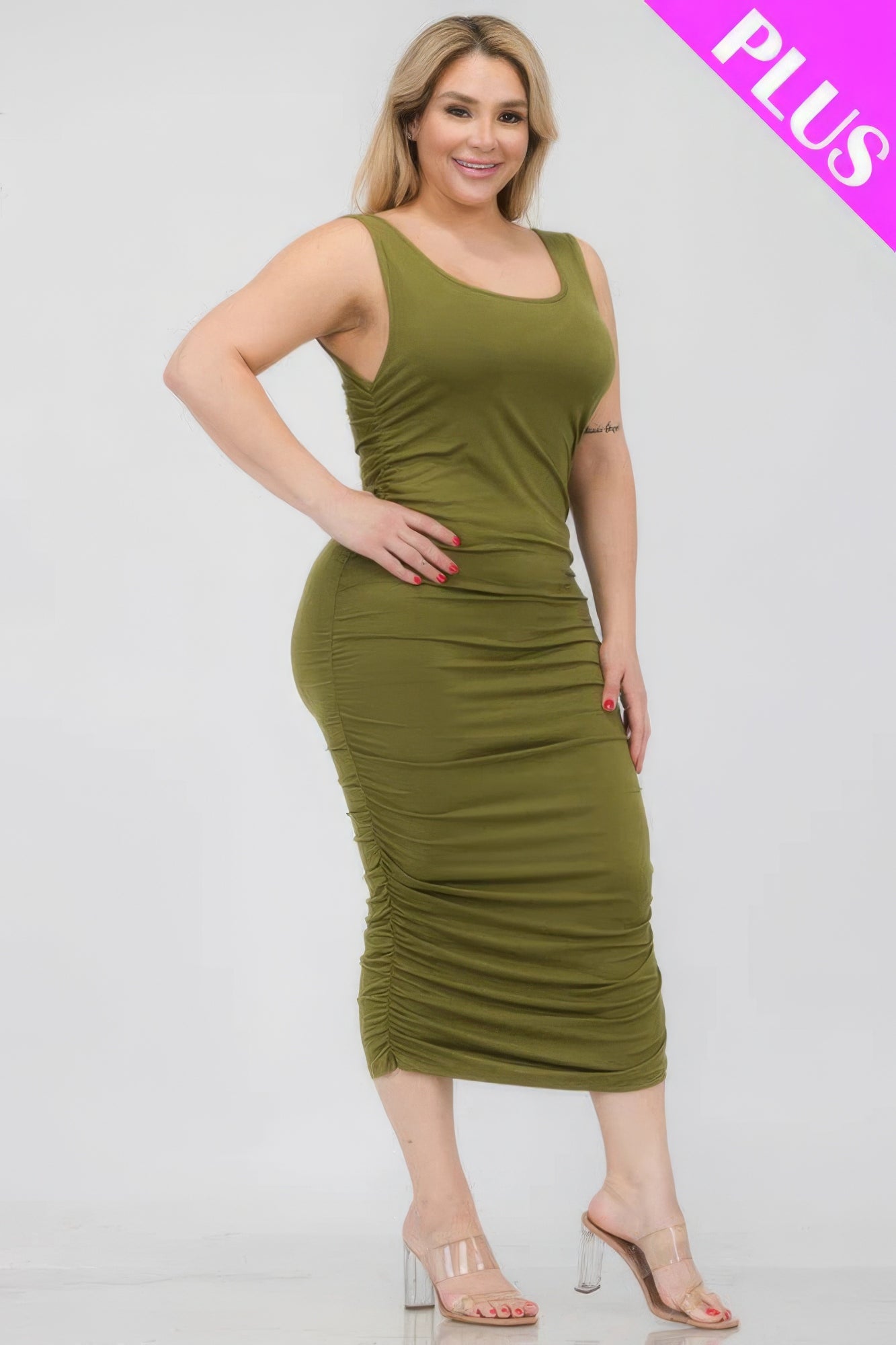 Plus Size Square Neck Ruched Bodycon Midi Dress - Nova Store