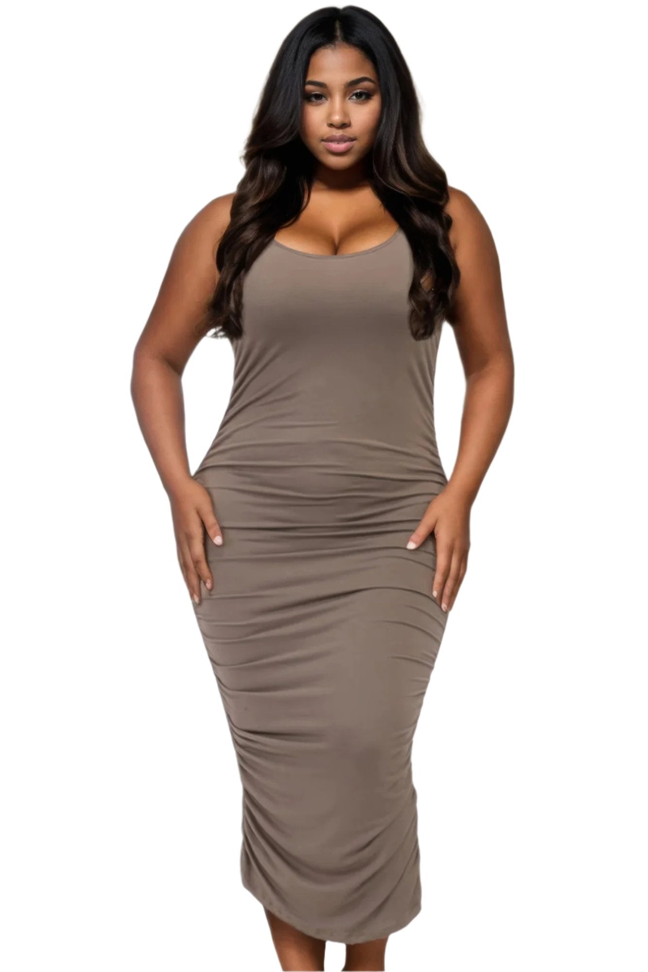 Plus Size Square Neck Ruched Bodycon Midi Dress - Nova Store