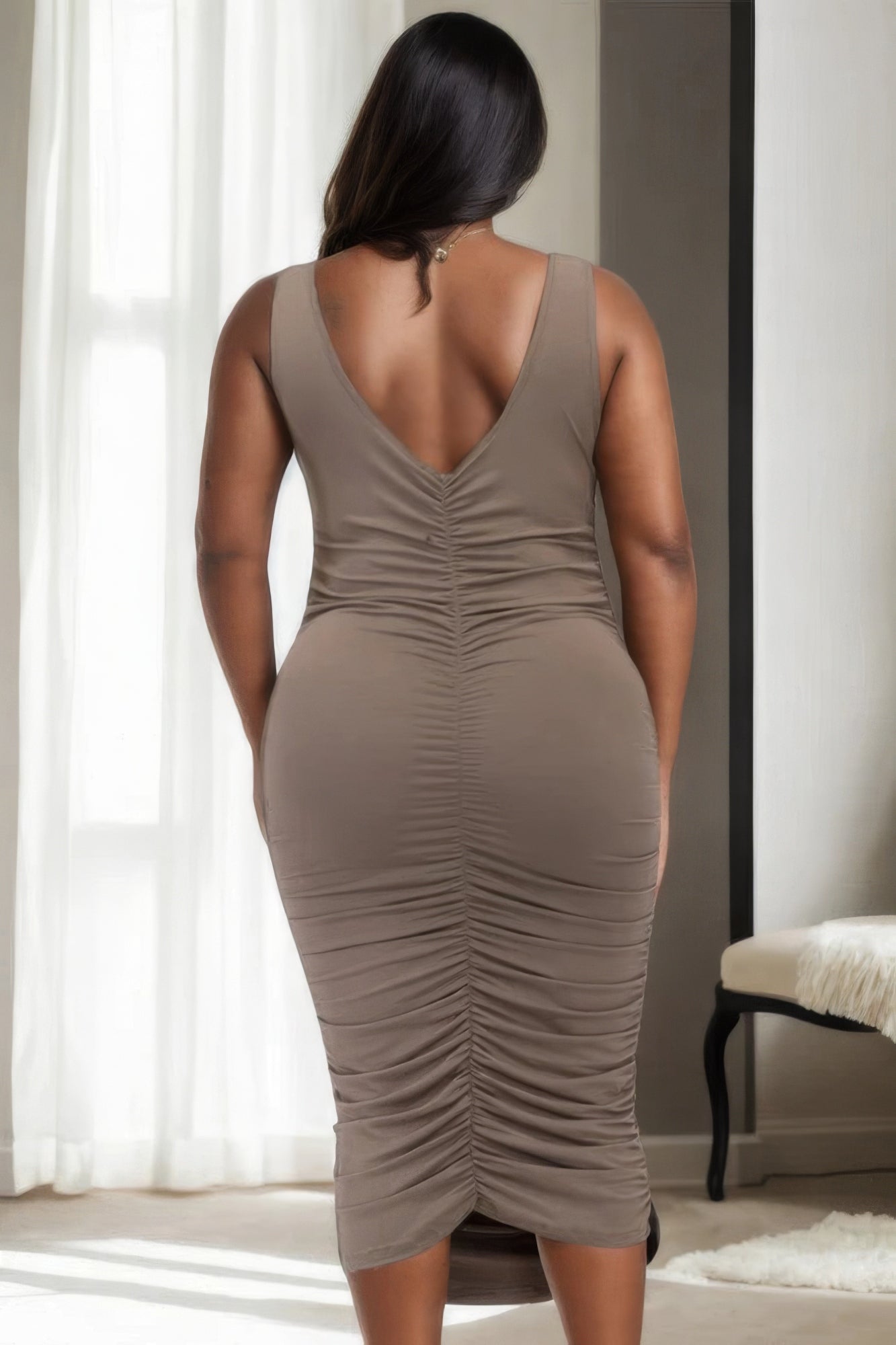 Plus Size Square Neck Ruched Bodycon Midi Dress - Nova Store