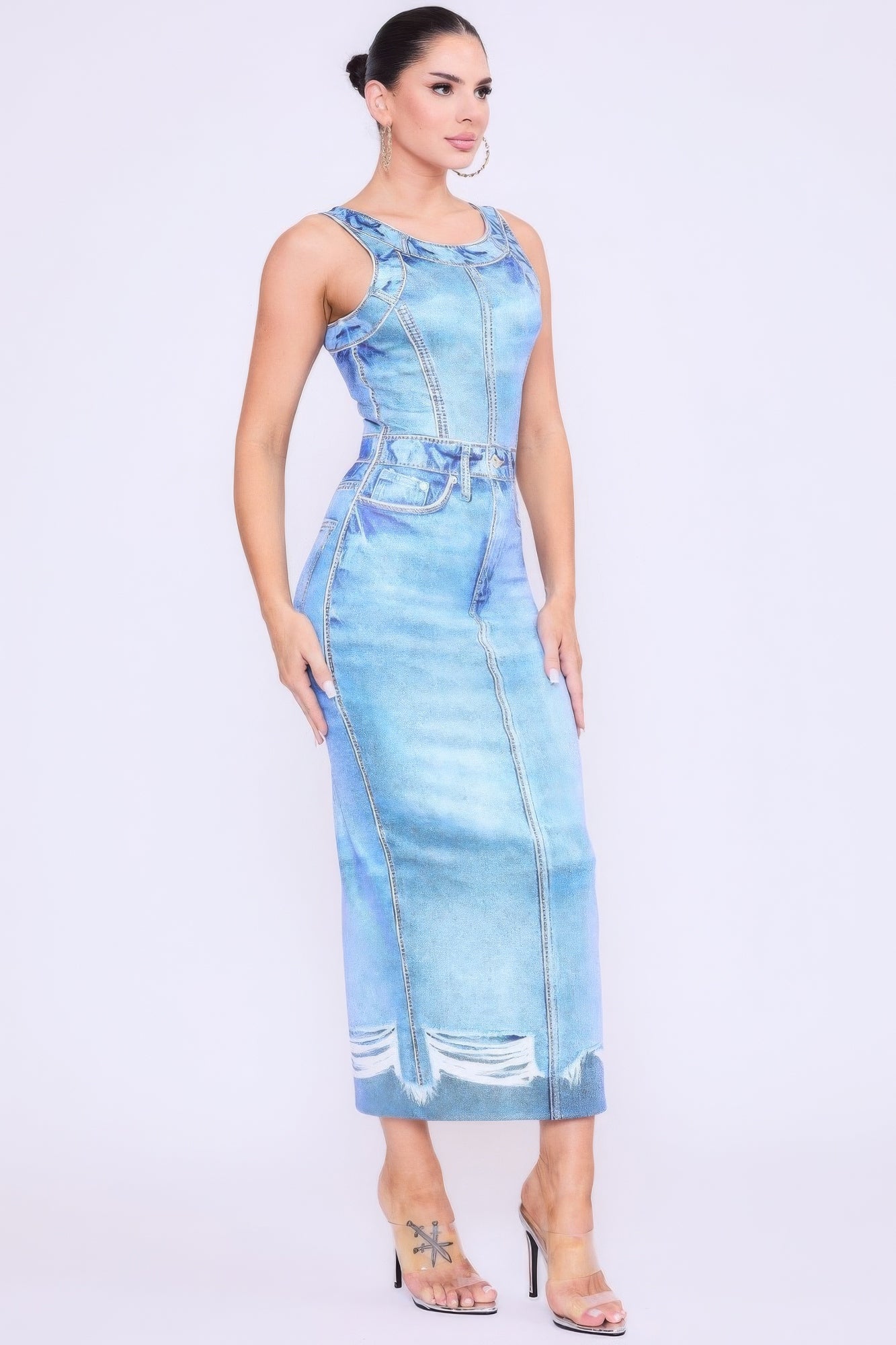 Denim Printed Midi Dress | Denim Printed Dress | Nova Store