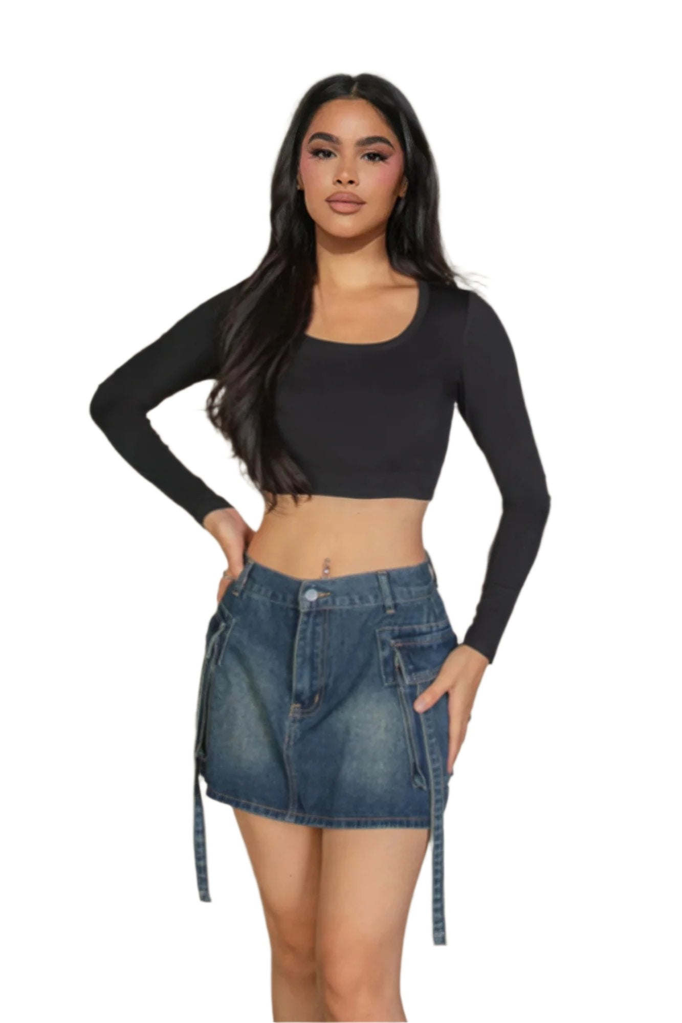 Solid Rib Knit Square Neck Long Sleeve Top - Nova Store
