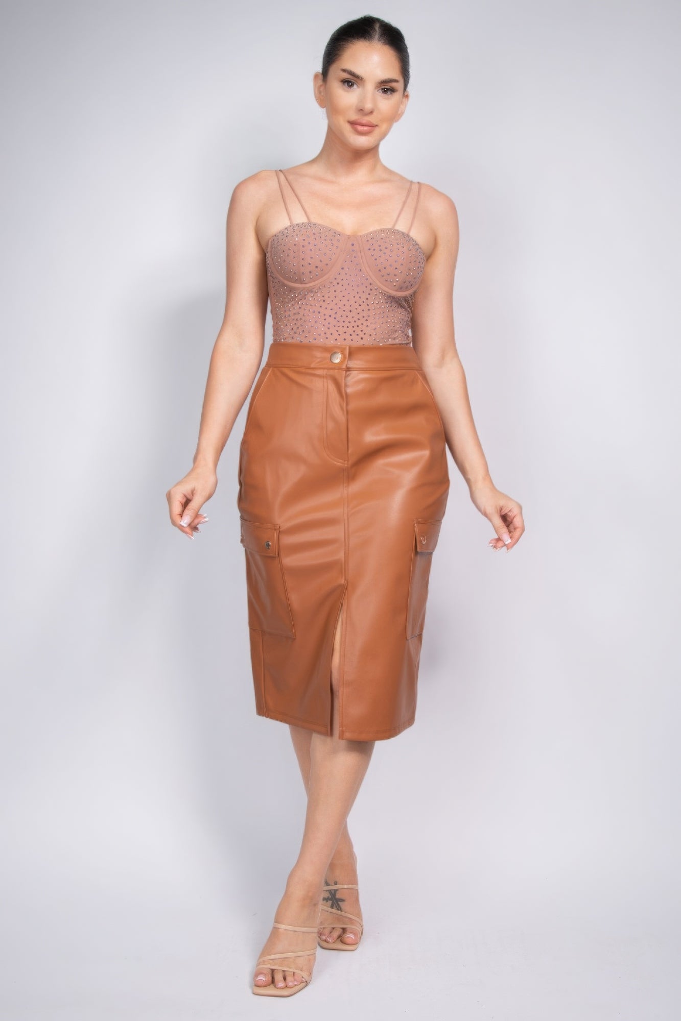Brown Cargo Skirt | Brown Faux Leather Skirt | Nova Store