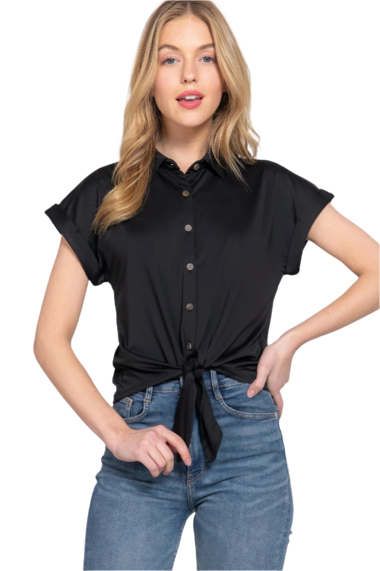 Short Slv Front Tie Stretch Ity  Top