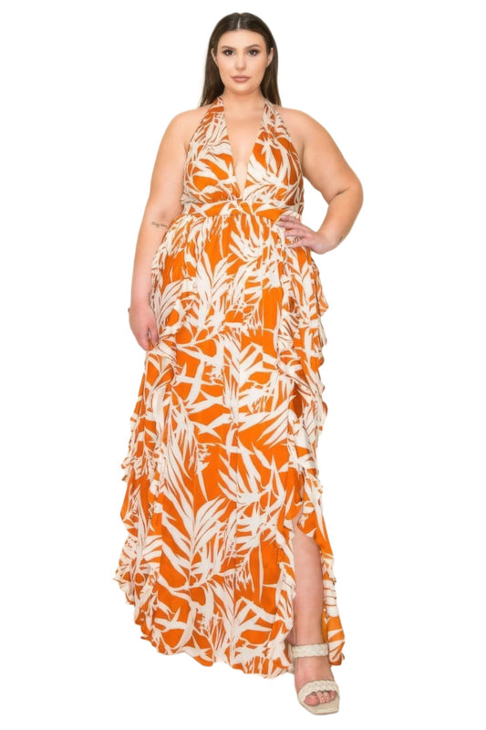 Orange Printed Maxi Dress | Orange Ruffle Dress | Nova Store 