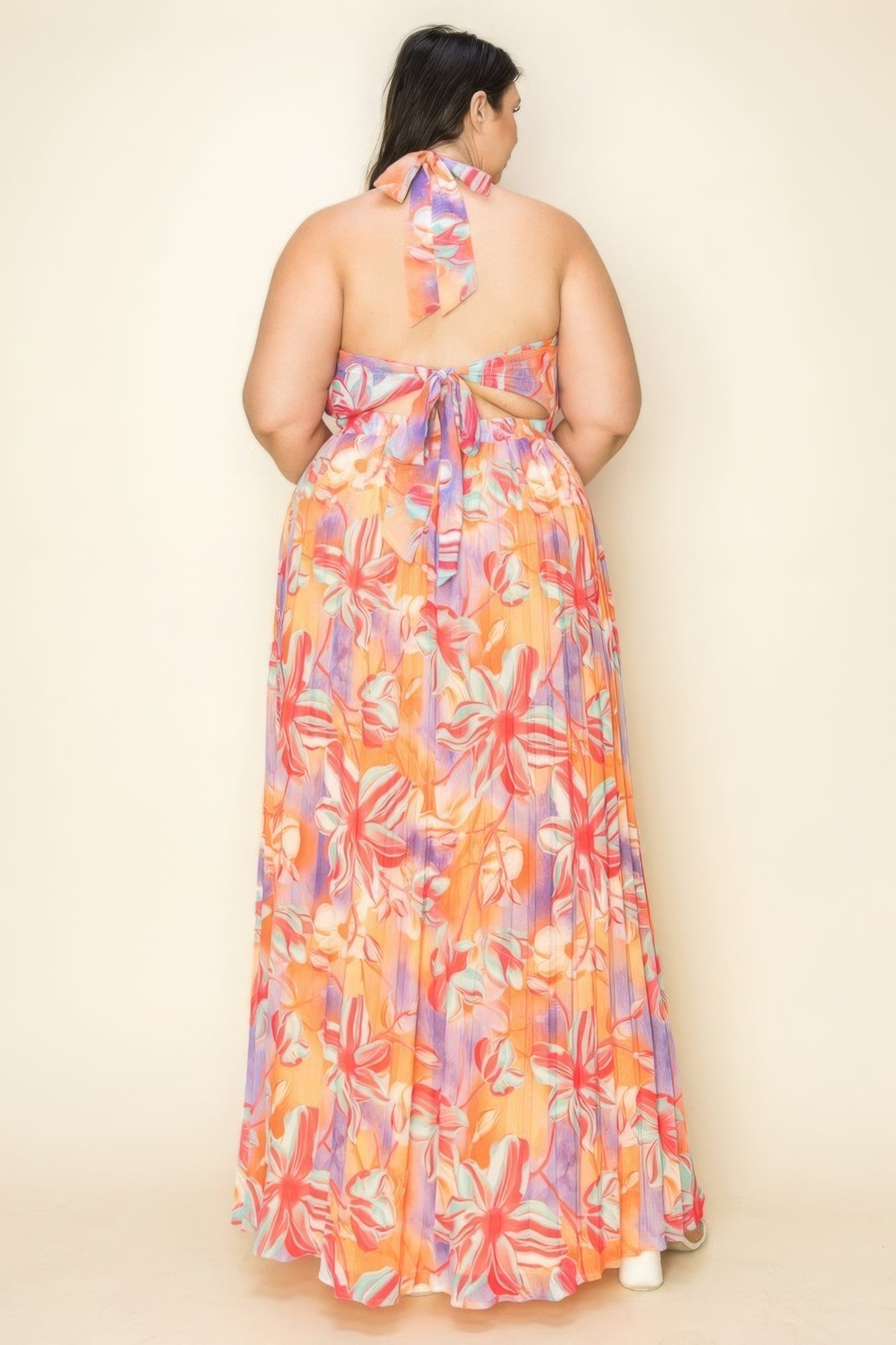 Chiffon Printed Pleated Cross Halter Key Hole Front Smocked Waist Maxi Dress - Nova Store