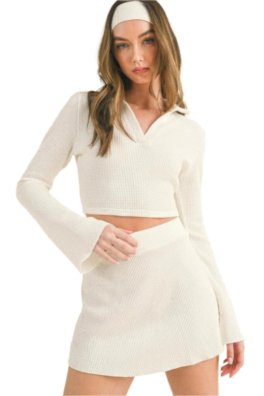 Waffle Knit Bell Sleeve Top And Skirt Set