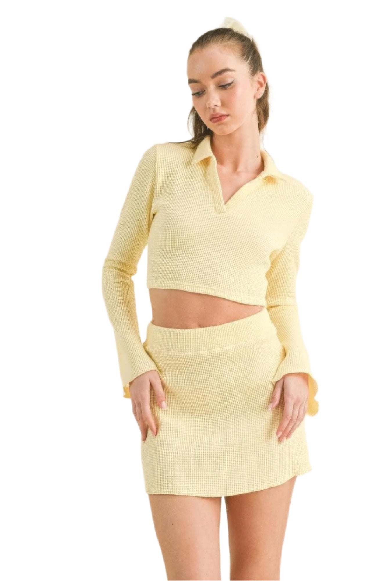 Waffle Knit Bell Sleeve Top And Skirt Set