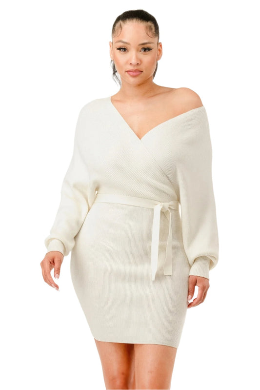 Off Shoulder Wrap Belted Ribbed Sweather Dress