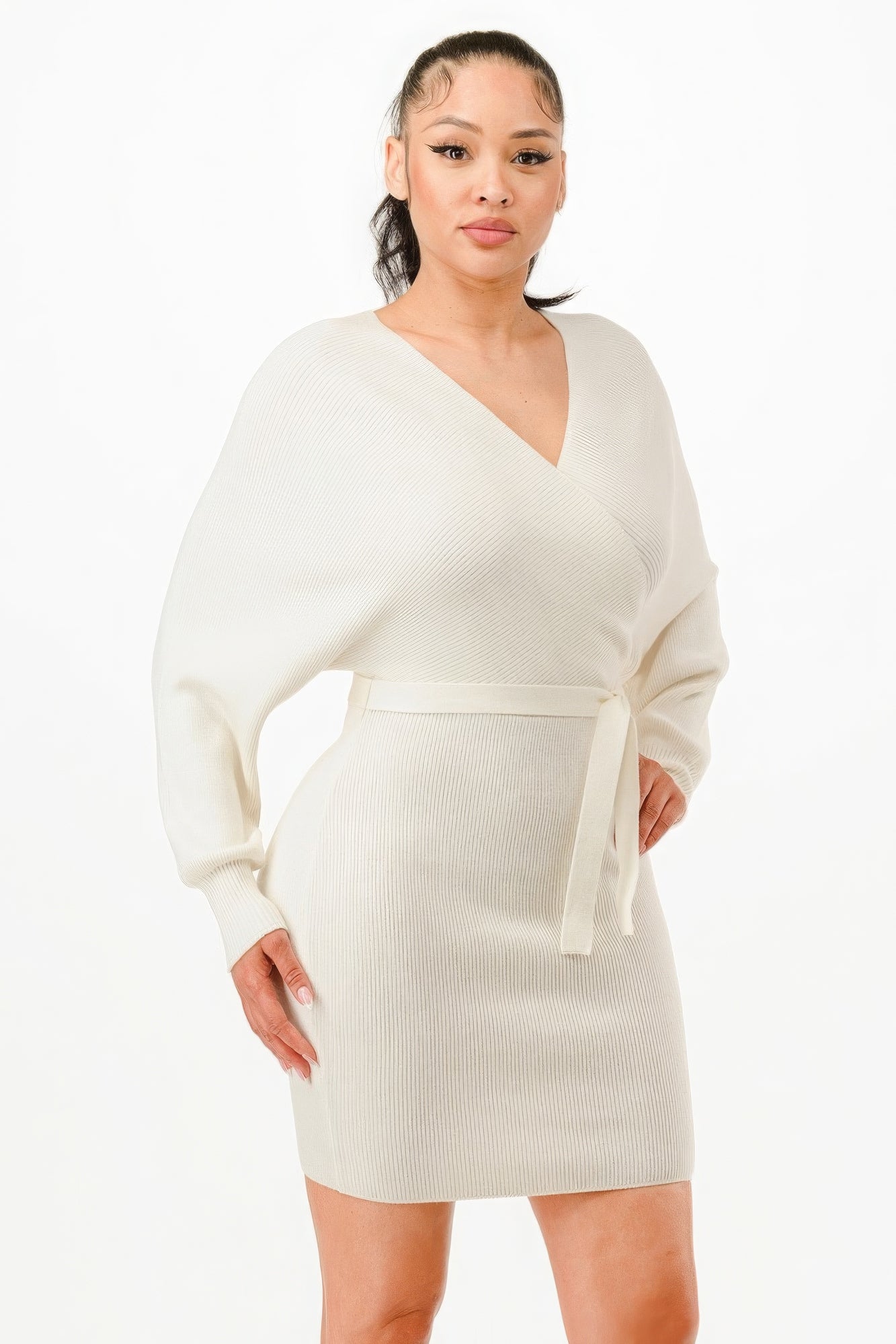 Off Shoulder Wrap Belted Ribbed Sweather Dress - Nova Store