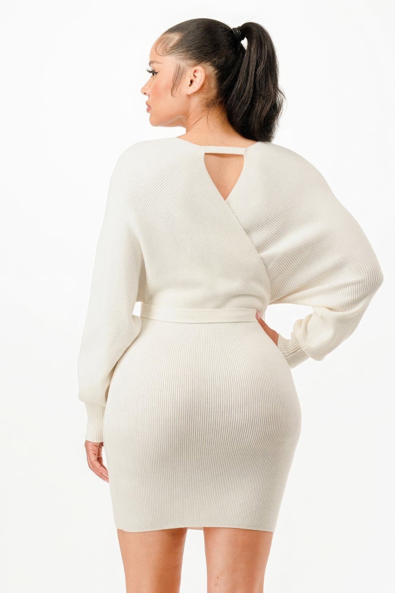 Off Shoulder Wrap Belted Ribbed Sweather Dress - Nova Store