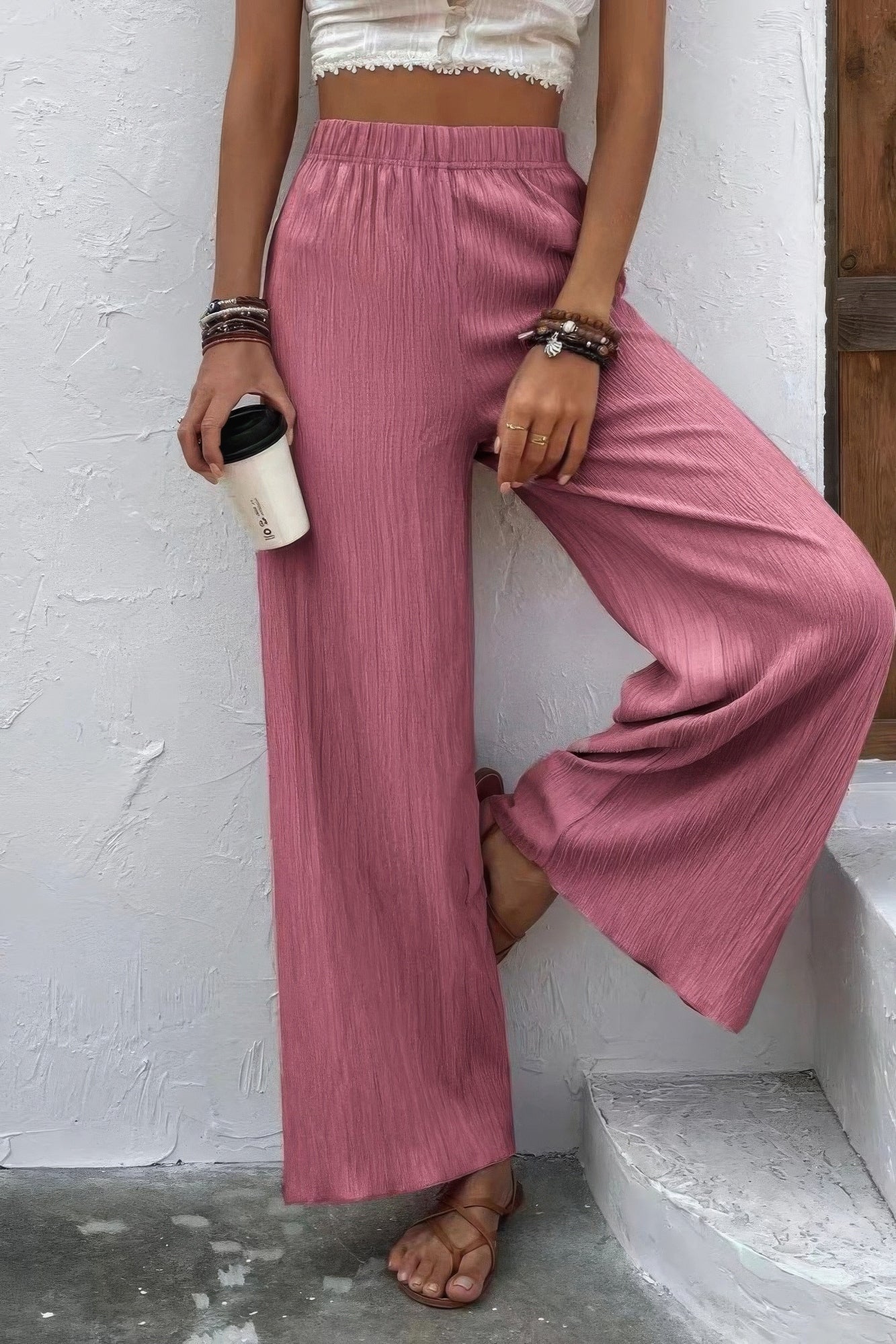 Textured Wide Leg Palazzo Pants - Nova Store