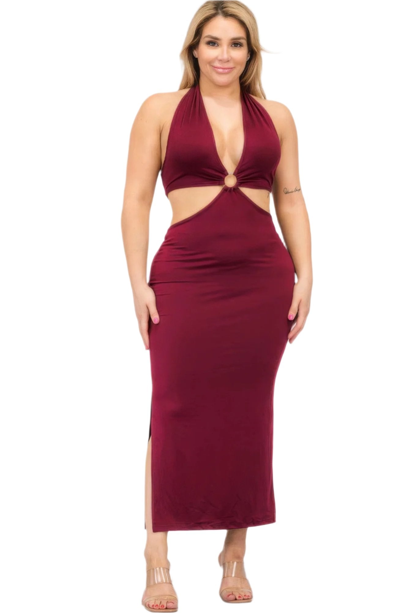 Plus Size Cut-out Halter Neck Double Back Tie Split Thigh Midi Dress - Nova Store