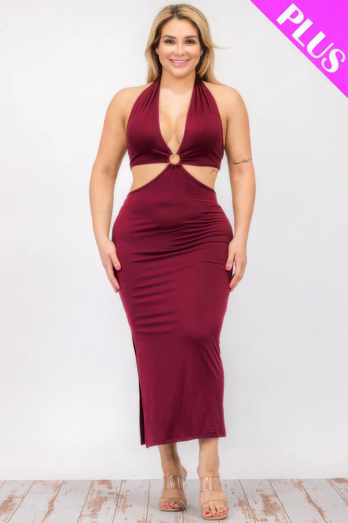 Plus Size Cut-out Halter Neck Double Back Tie Split Thigh Midi Dress - Nova Store