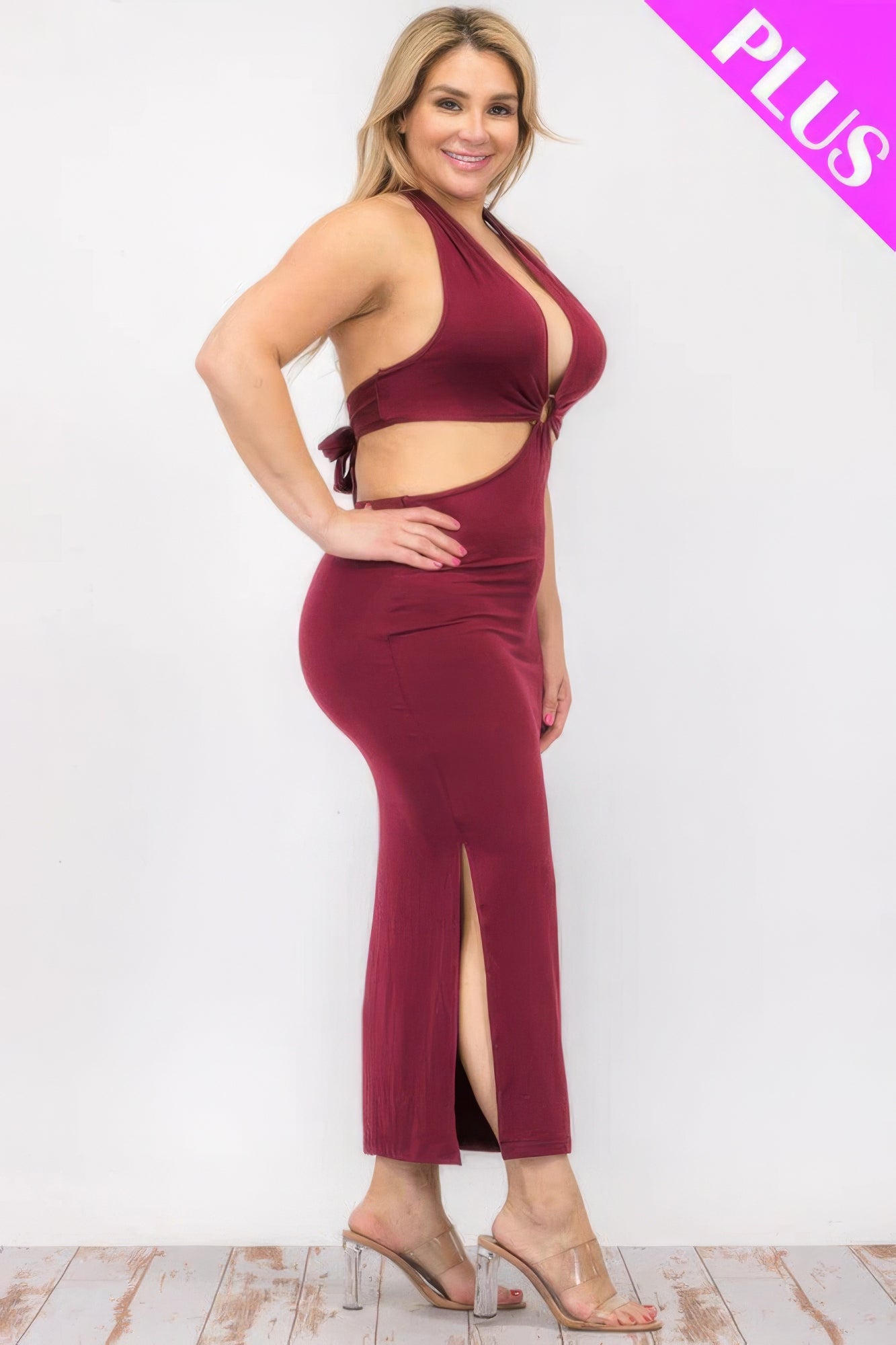 Plus Size Cut-out Halter Neck Double Back Tie Split Thigh Midi Dress - Nova Store