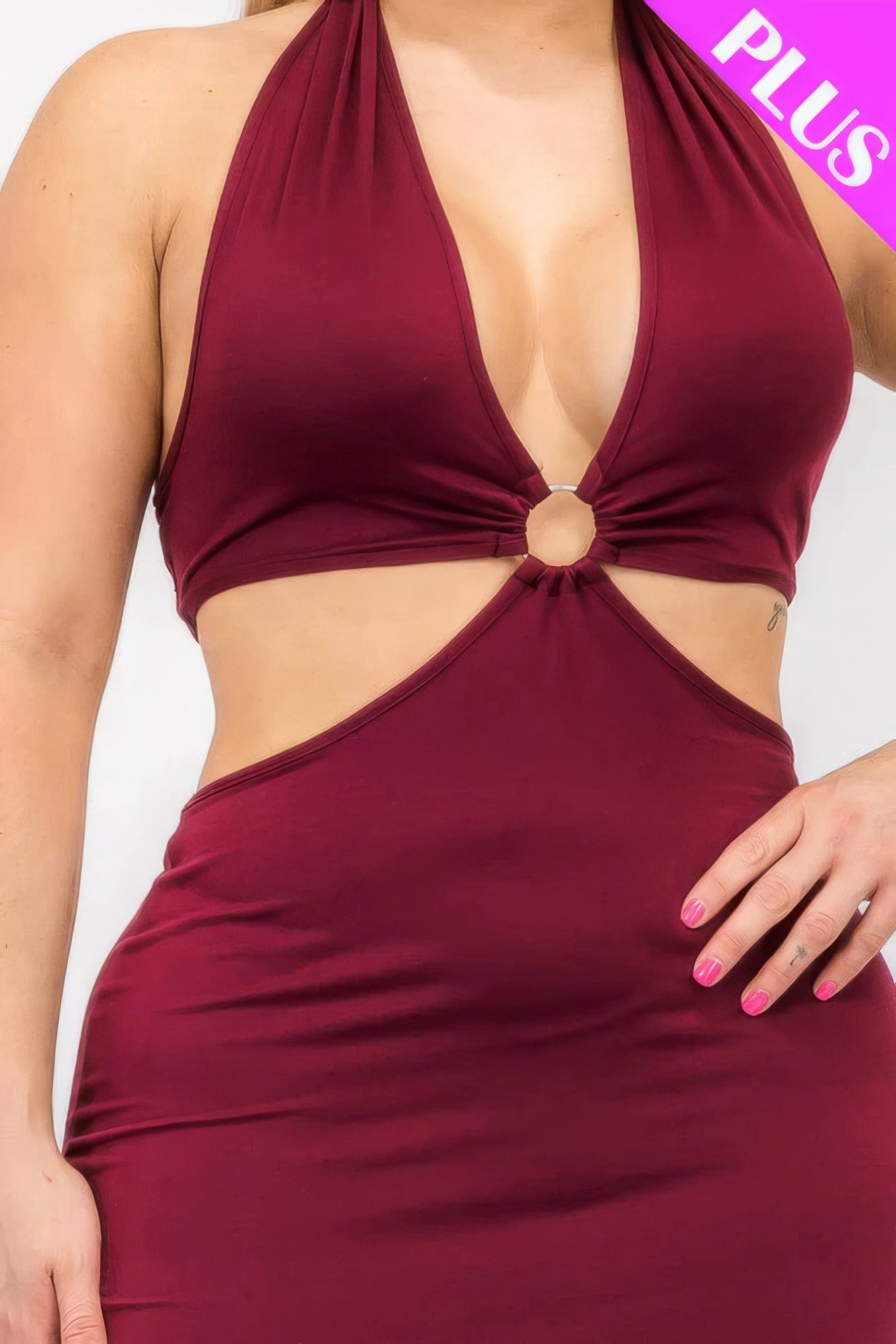 Plus Size Cut-out Halter Neck Double Back Tie Split Thigh Midi Dress - Nova Store