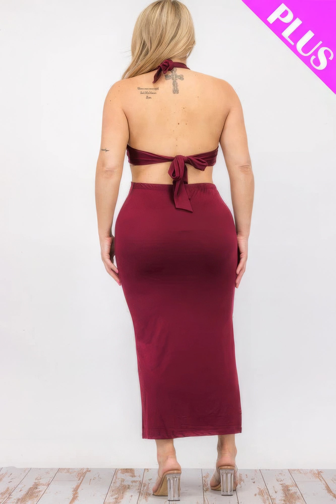 Plus Size Cut-out Halter Neck Double Back Tie Split Thigh Midi Dress - Nova Store